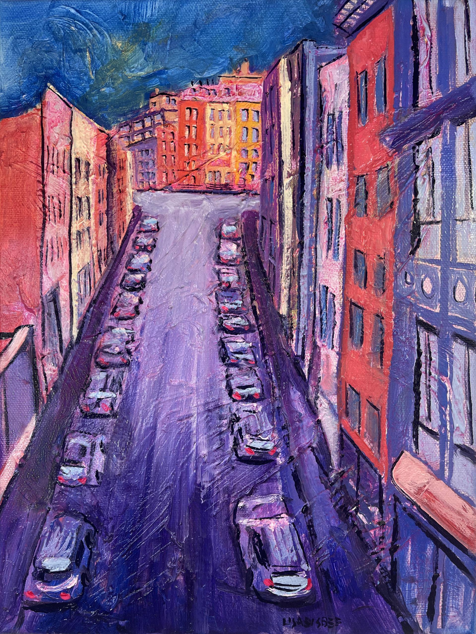 Landscape Painting di Lisa Bisbee - Williamsburg, Brooklyn- dipinto originale di paesaggio urbano moderno di NY - arte contemporanea