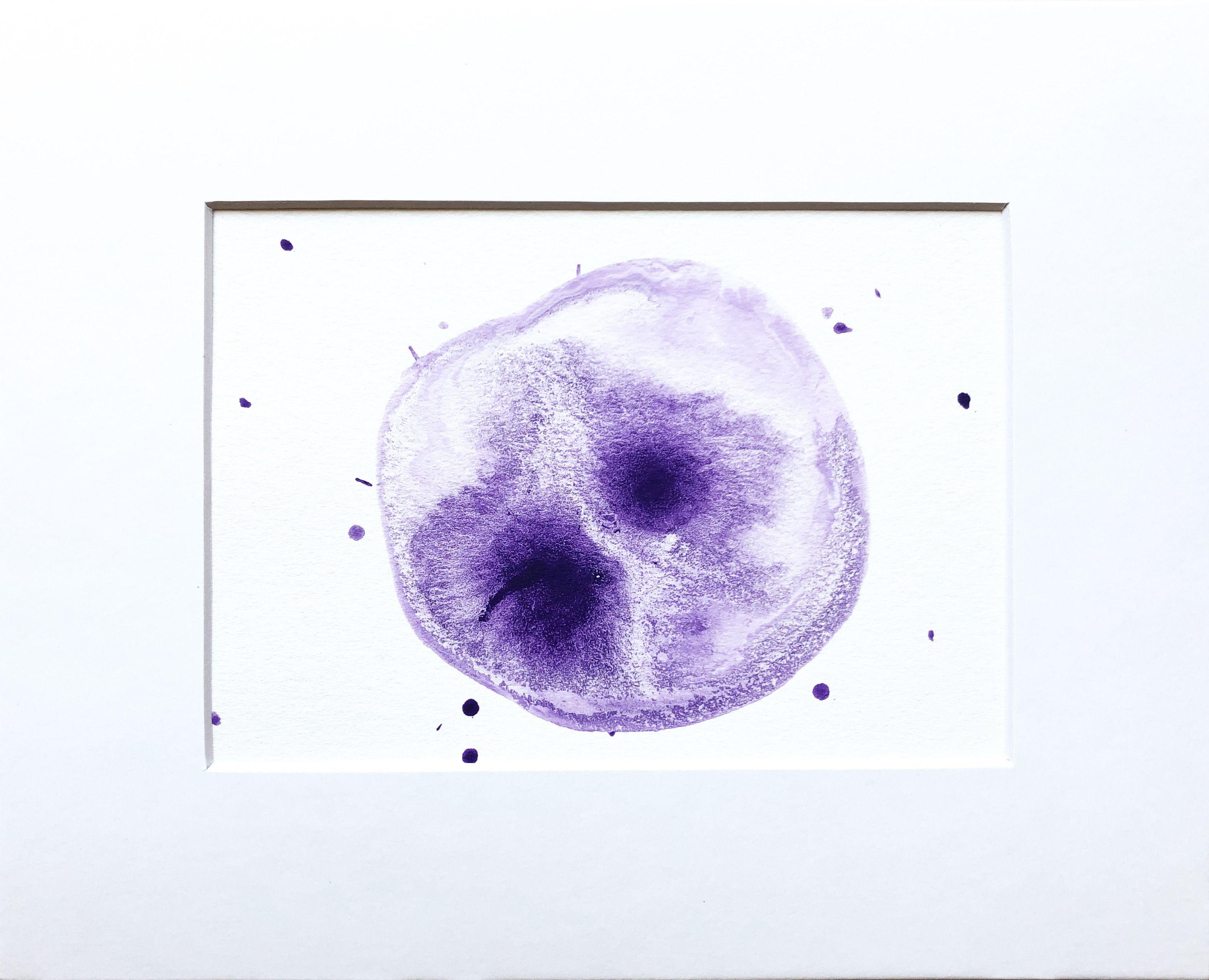 Purple Nebula 2 was created with acrylics, saltwater and a bit of magic. Saltwater causes the pigments to explode onto the watercolor bond. The results are intriguing and serendipitous. This small piece will add a pop of graphic modernity to your