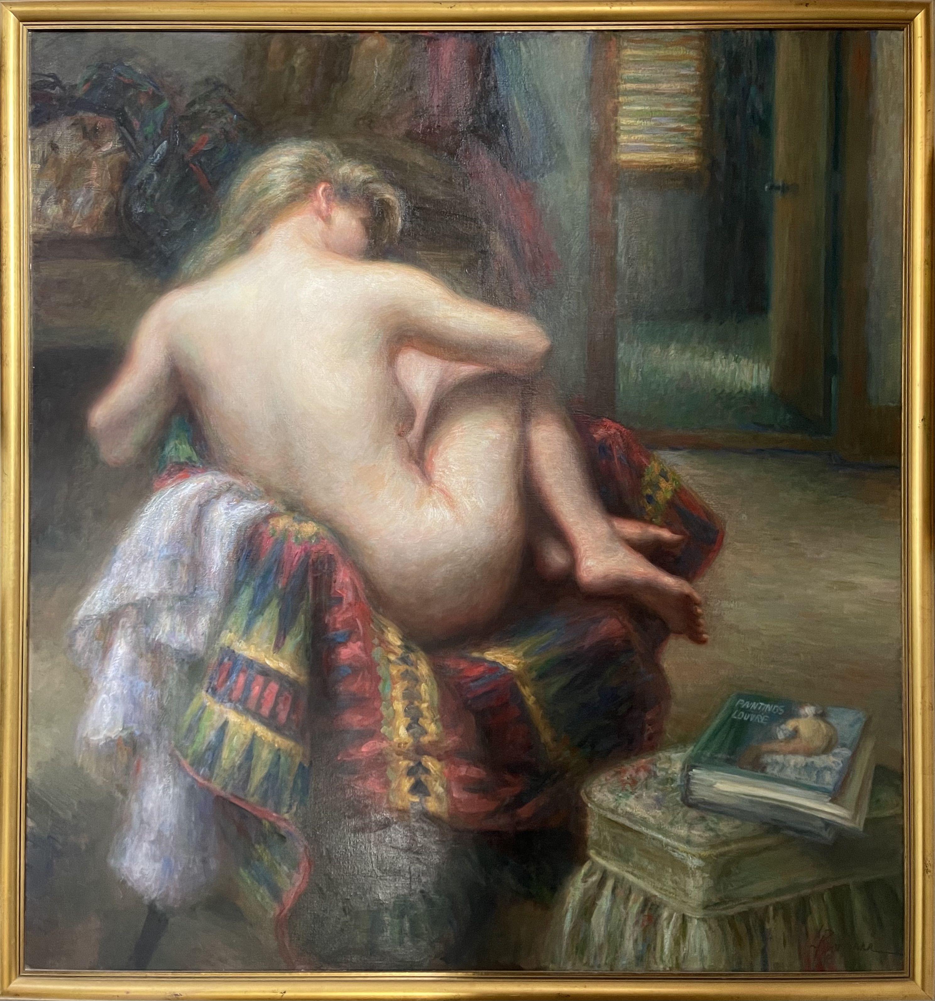 Grande peinture à l'huile sur toile représentant une femme nue dans mon atelier : : Peinture : : Impressionniste : : Cette pièce est accompagnée d'un certificat d'authenticité officiel signé par l'artiste : : Prêt à être accroché : Oui : : Signé :