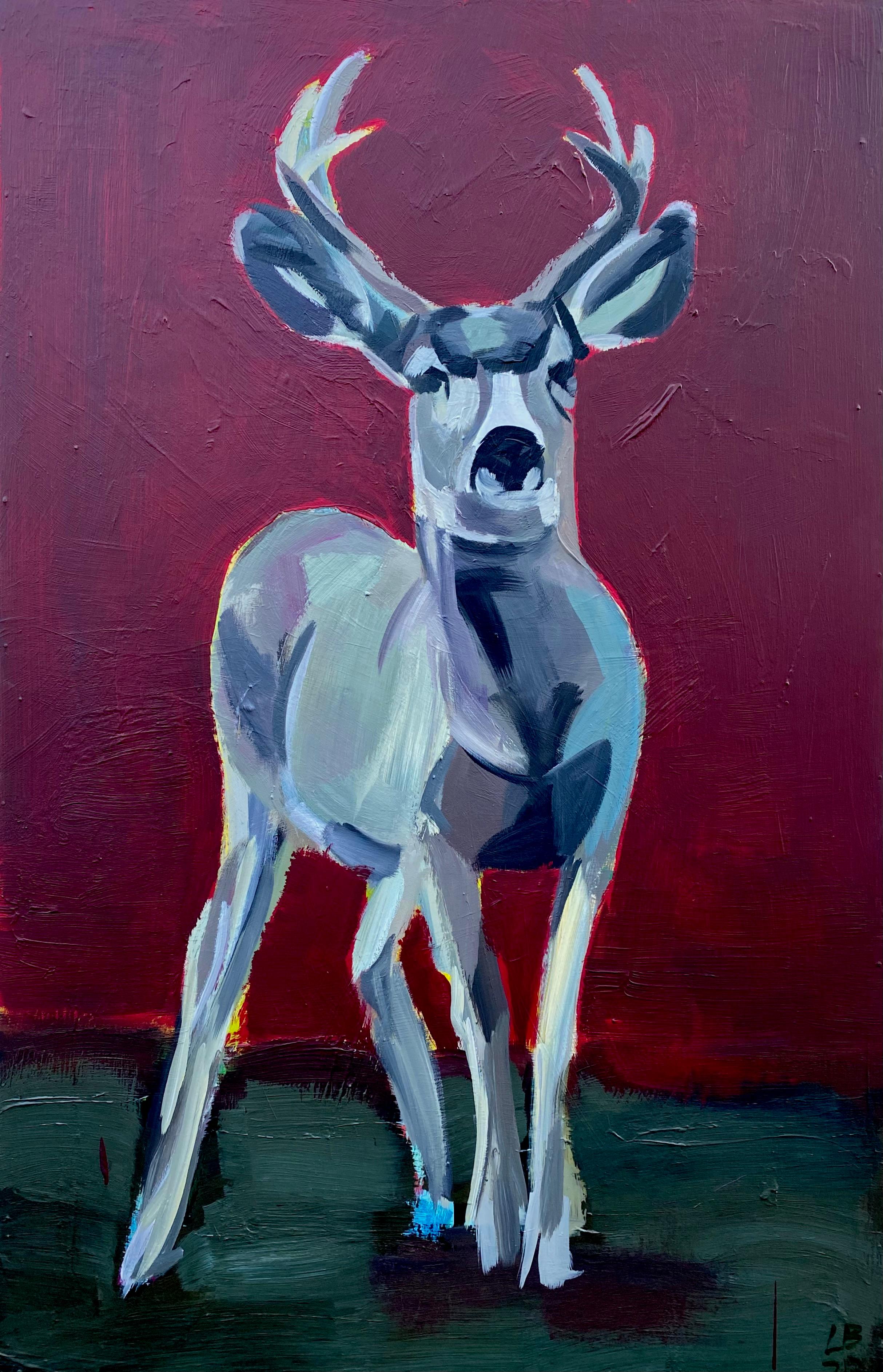Deer on Dark Red - Painting by Lisa Bostwick