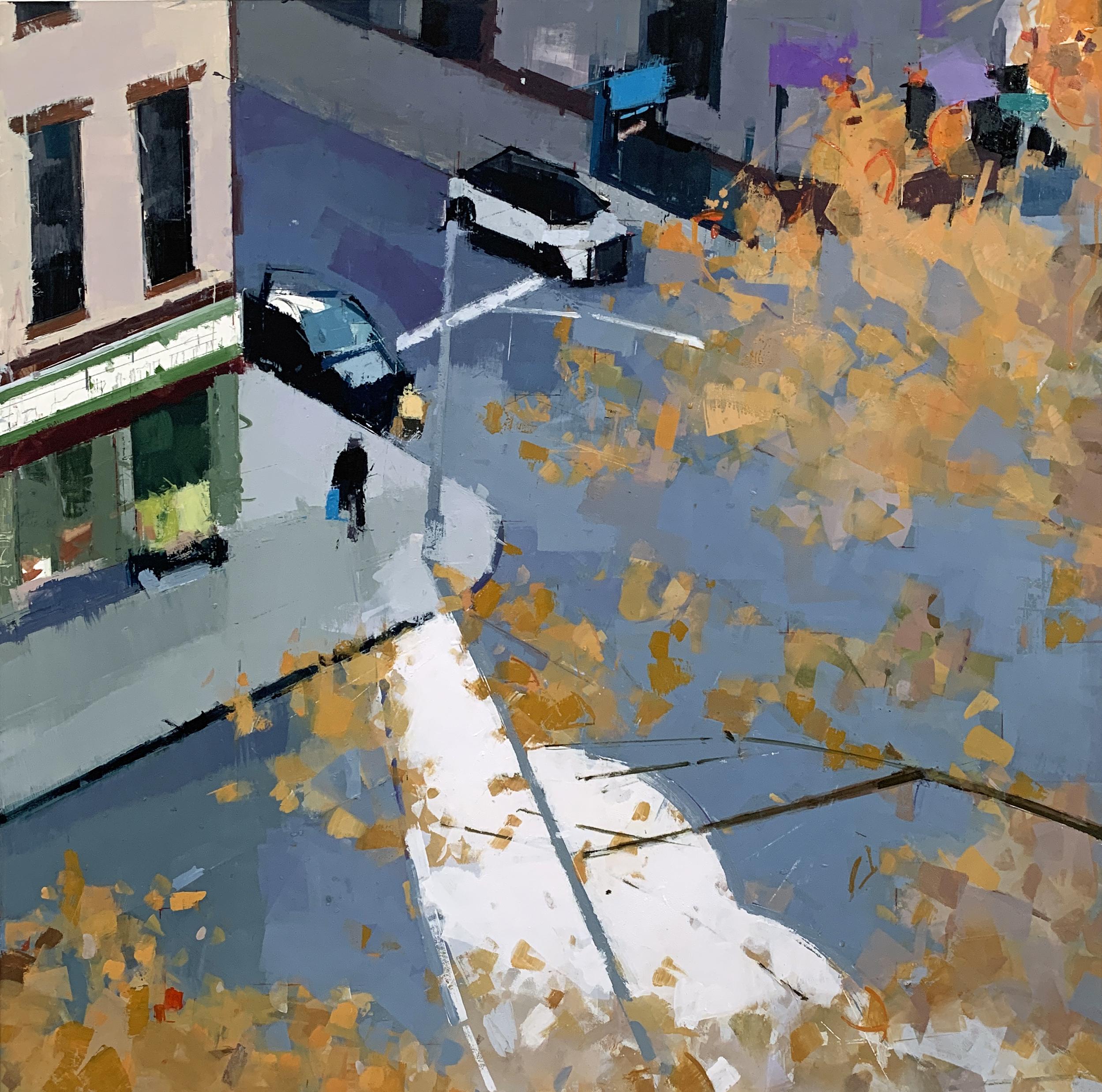 Lisa Breslow
Autumn Shadows, 2019
oil and pencil on panel
30 x 30 in.

This beautiful unique oil painting on wood panel features a New York street scene viewed from above, rendered in loose, impressionistic brushstrokes in shades of orange, blue,