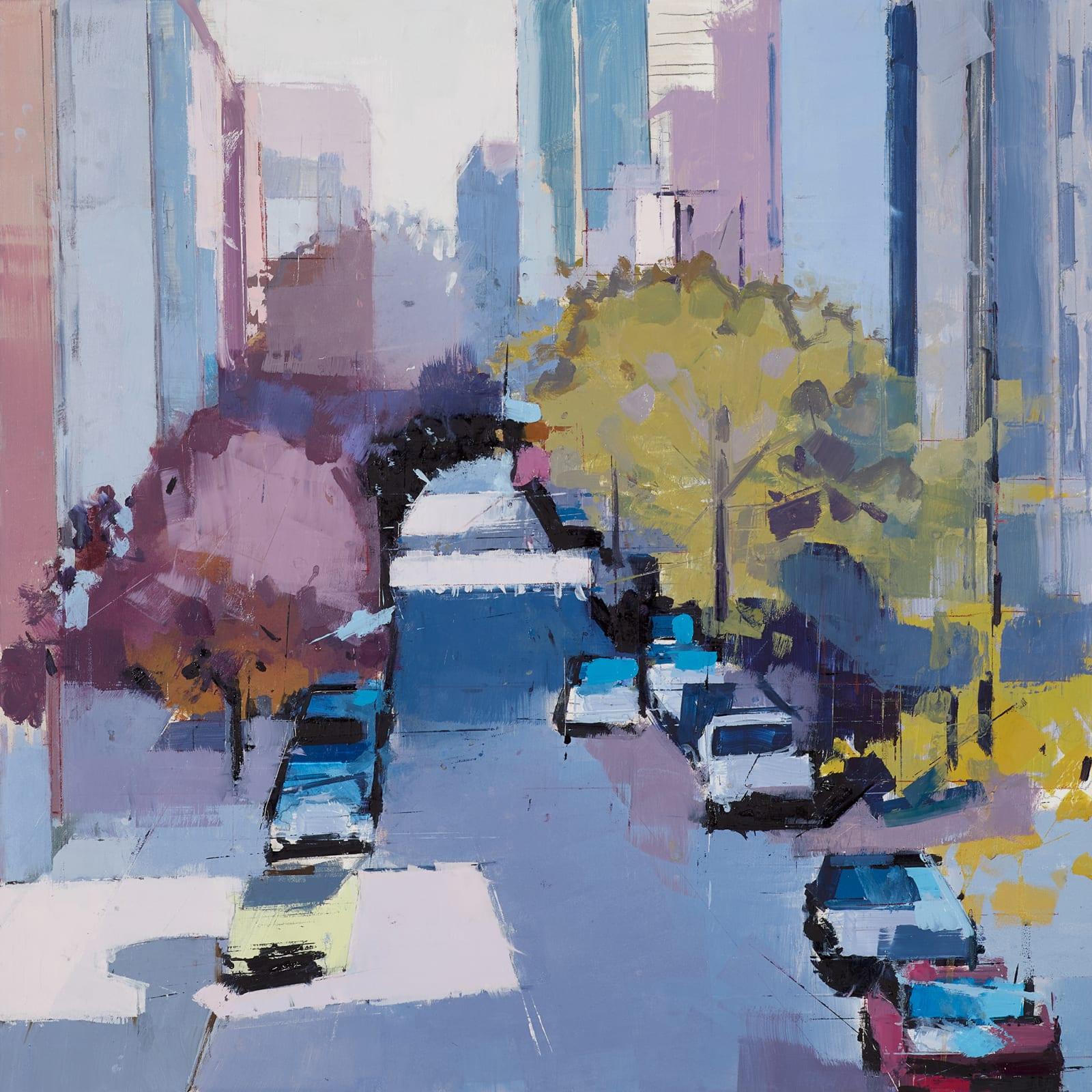 Lisa Breslow "Greens and Purples" - Contemporary Cityscape Painting on Panel