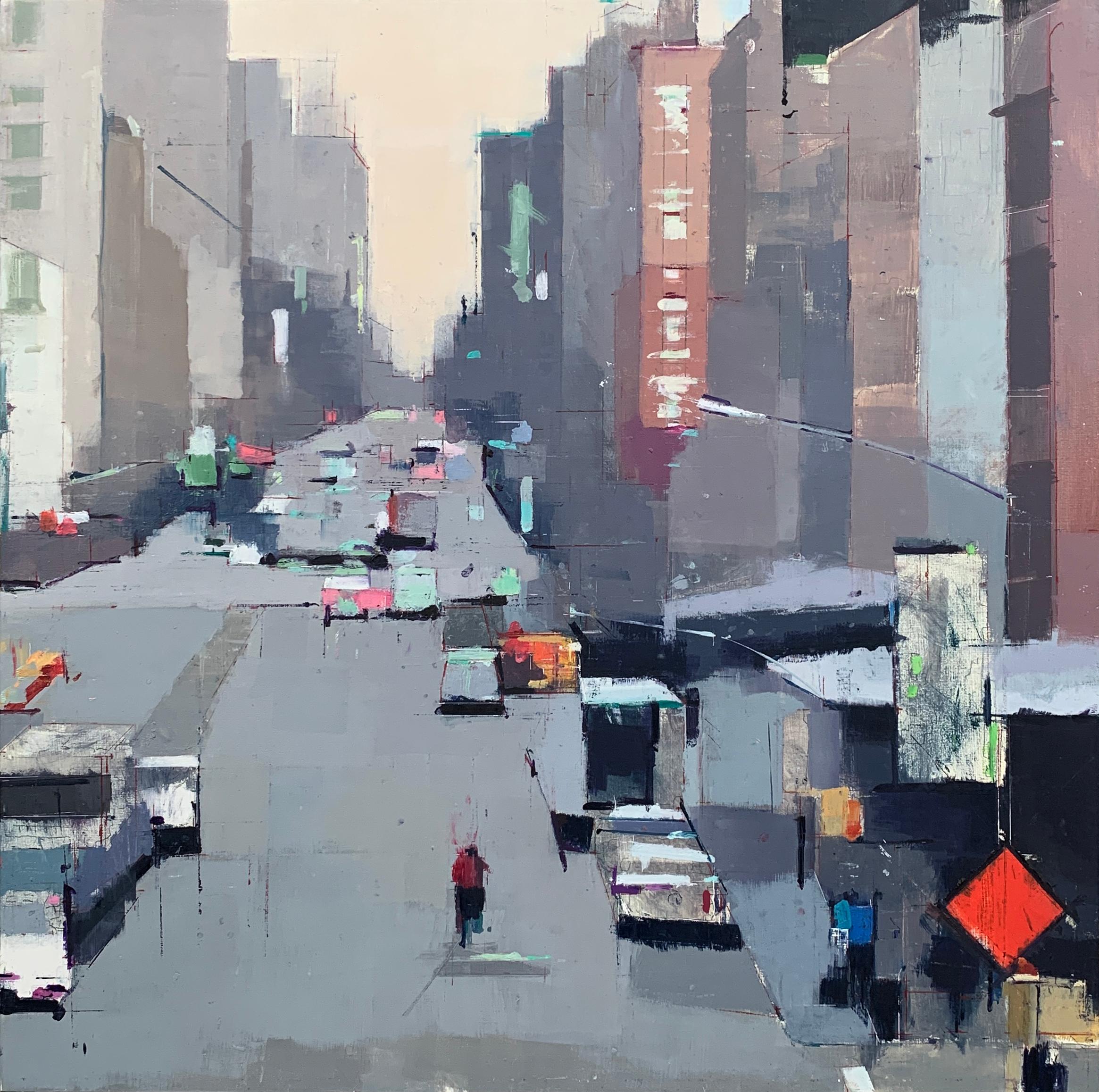 "Street Rhythms" 2025 oil and pencil on panel 30 x 30 in.