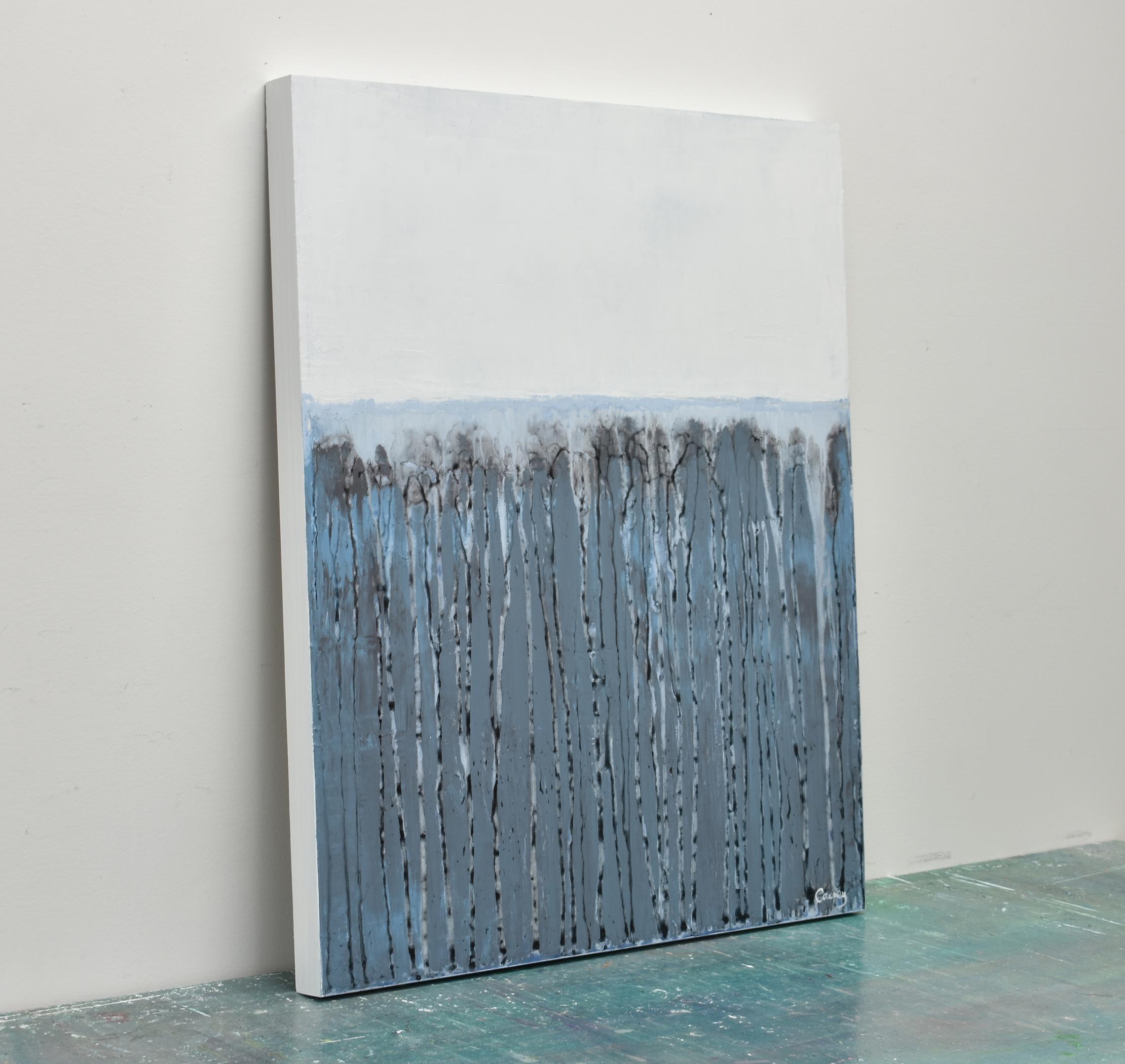 <p>Artist Comments<br>A minimalist abstract piece employs the drip painting technique to evoke the gentle essence of winter. The layers of acrylic in muted blue tones exude a soothing atmosphere. As part of artist Lisa Carney's GeoHorizon series,