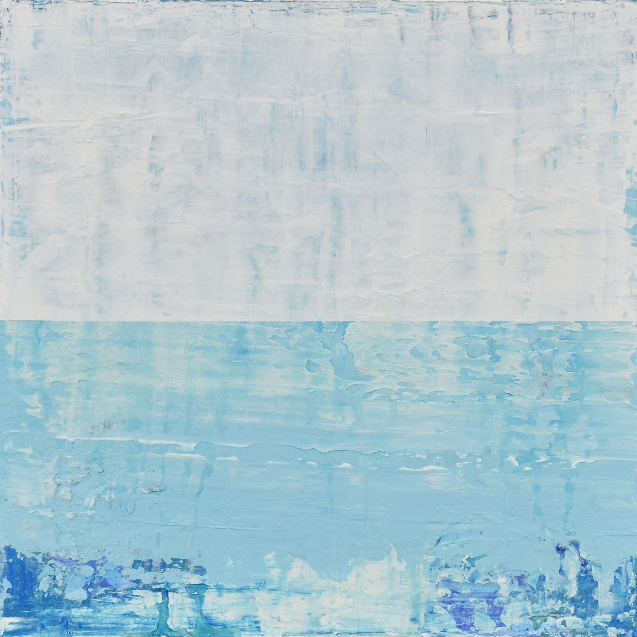 Small textured abstract painting in light blue and white. It was painted with acrylics on a 1.5 inch deep canvas. The edges of the canvas are painted black. Small paintings are the perfect collection starter. They also make the perfect gift for all