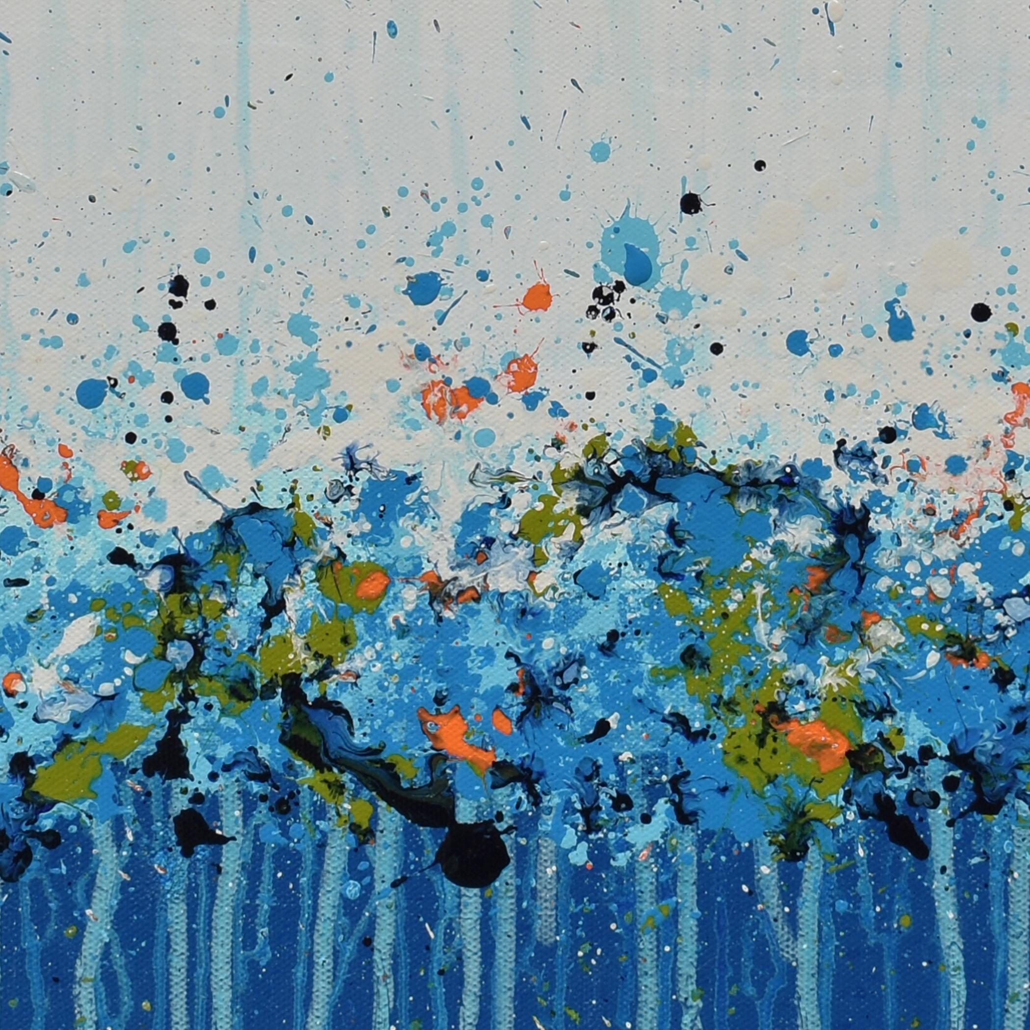<p>Artist Comments<br />Artist Lisa Carney paints a floral abstract in cool cerulean blue. She complements the charming splatters with shades of orange and green. Part of her vibrant blooming series, GeoFlora. 