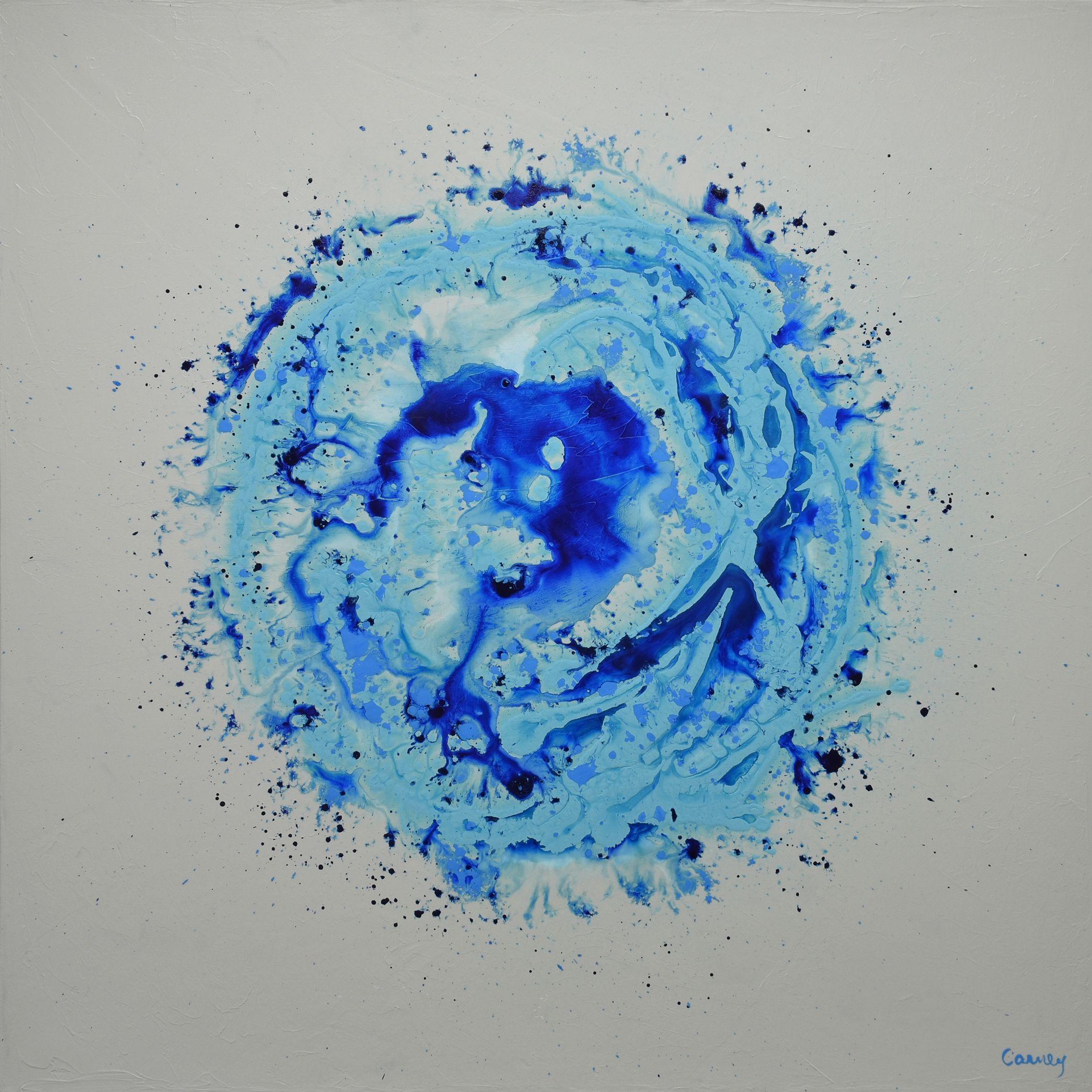 Blue Burst is a large modern abstract painting on canvas. It features intense blue colours floating against a gray background.     For the creation of this piece, professional grade acrylics with high quality color pigments and excellent fade