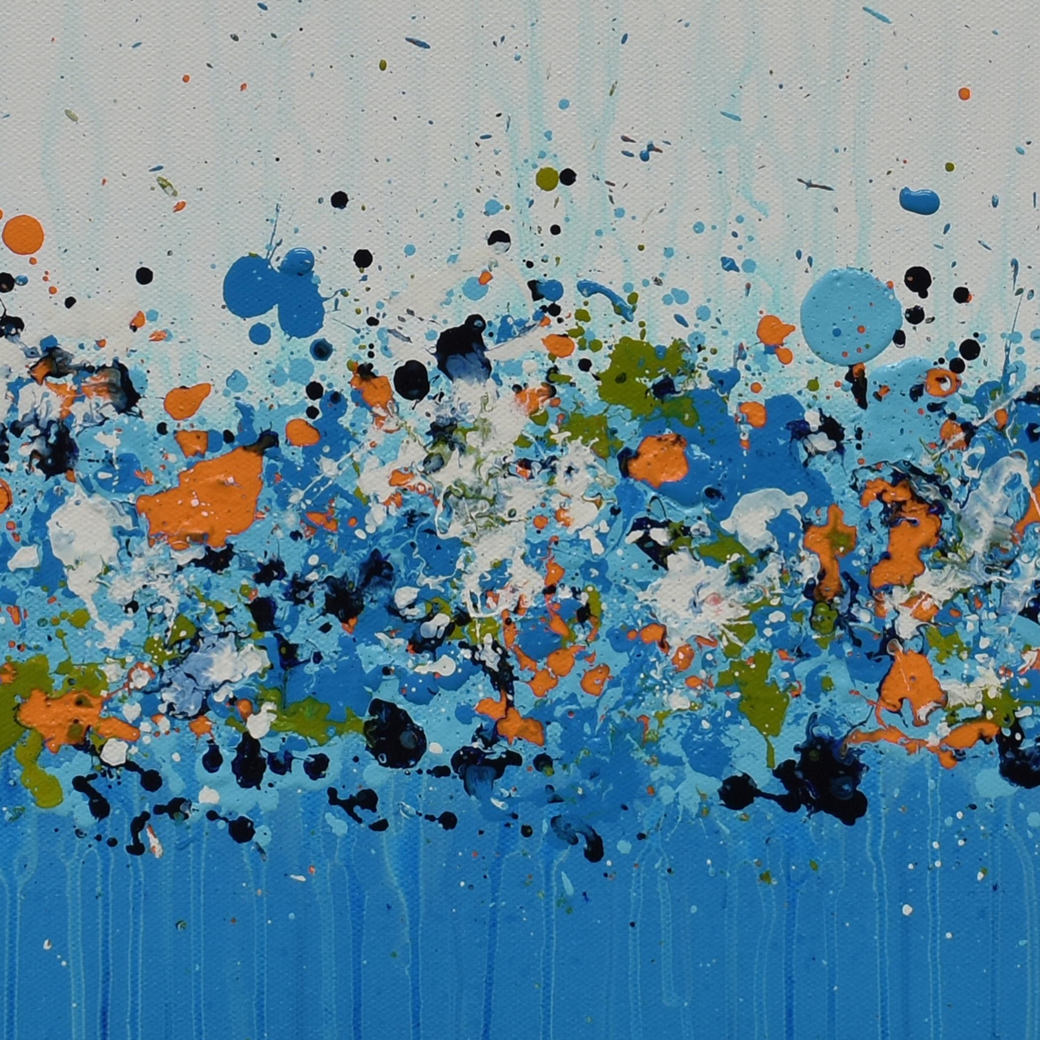 <p>Artist Comments<br />Artist Lisa Carney displays a floral abstract in playful blue splatters. Part of her lush and colorful GeoFlora series. She spontaneously splashes paint onto the canvas to color the free-spirited composition. Accents of green