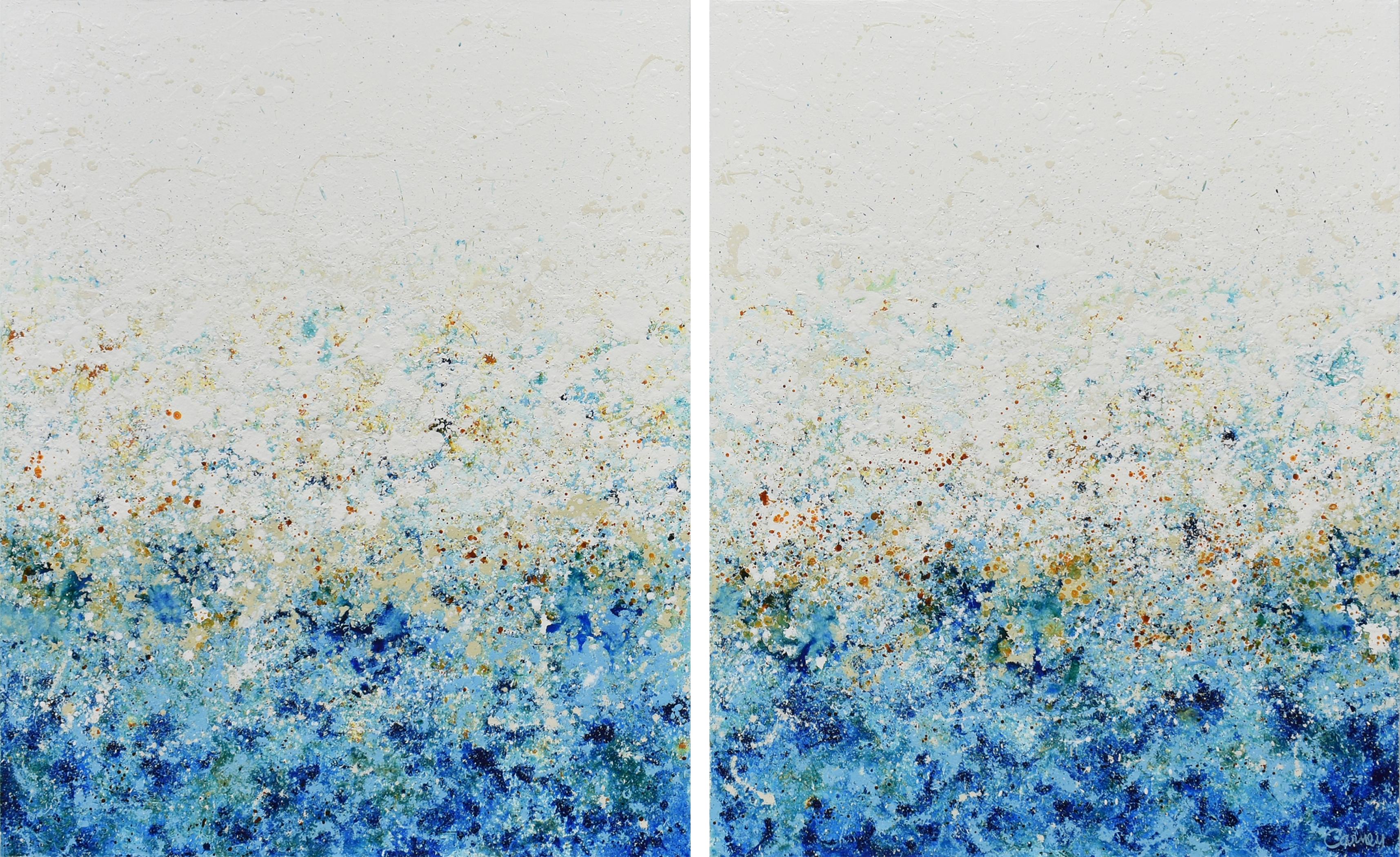 <p>Artist Comments<br /> Cool blues and greens, with accents of yellow and orange, splash across this energizing diptych. Part of Lisa Carney's signature GeoFlora series, a collection of abstracted botanical paintings where she uses drip and