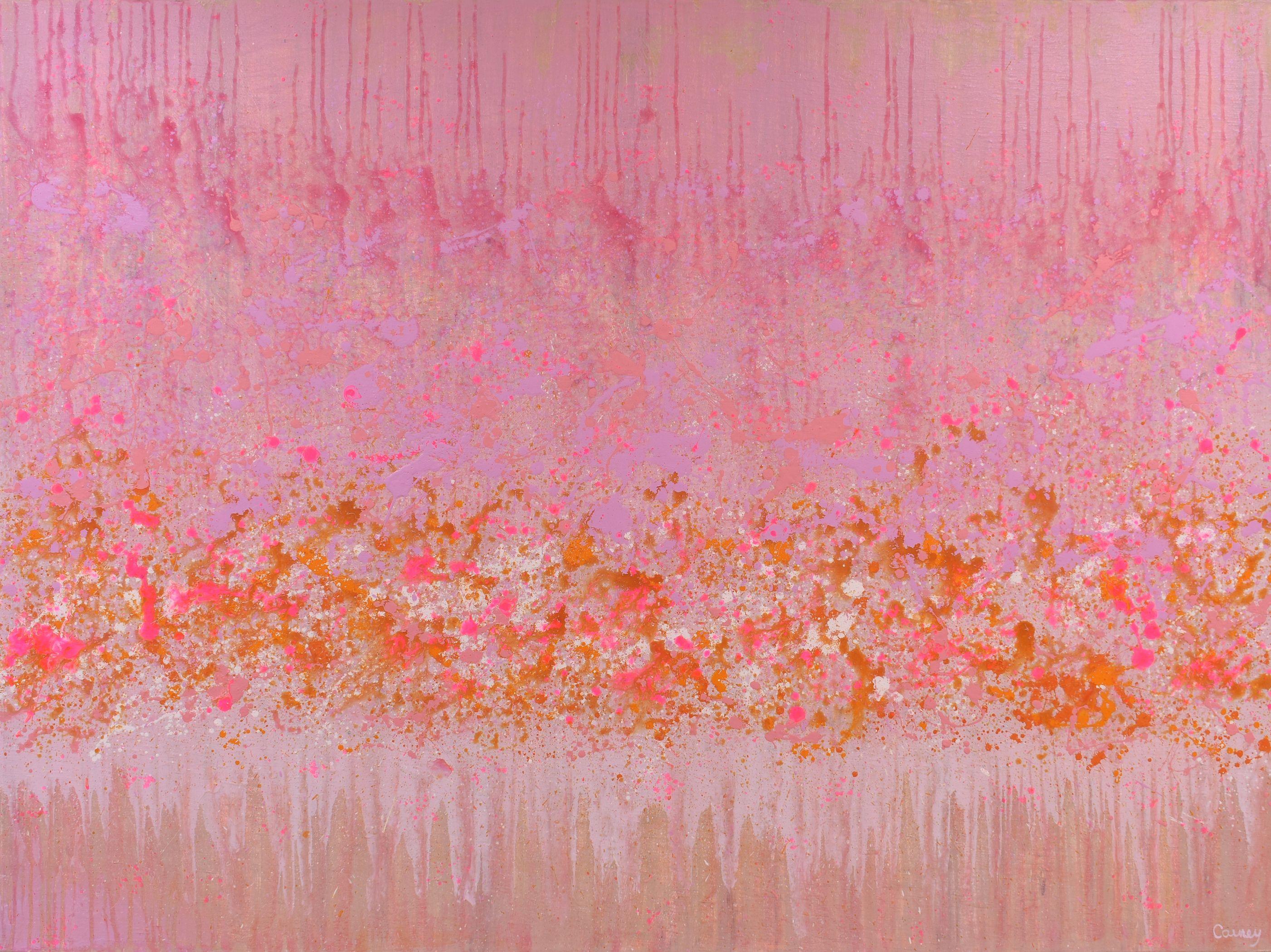 â€œCoral Gardenâ€ is a large floral abstract painting in acrylic on canvas. It was created in different shades of pink and orange. It is from the "GeoFlora" series, a collection of floral abstract landscape paintings where drip and spatter