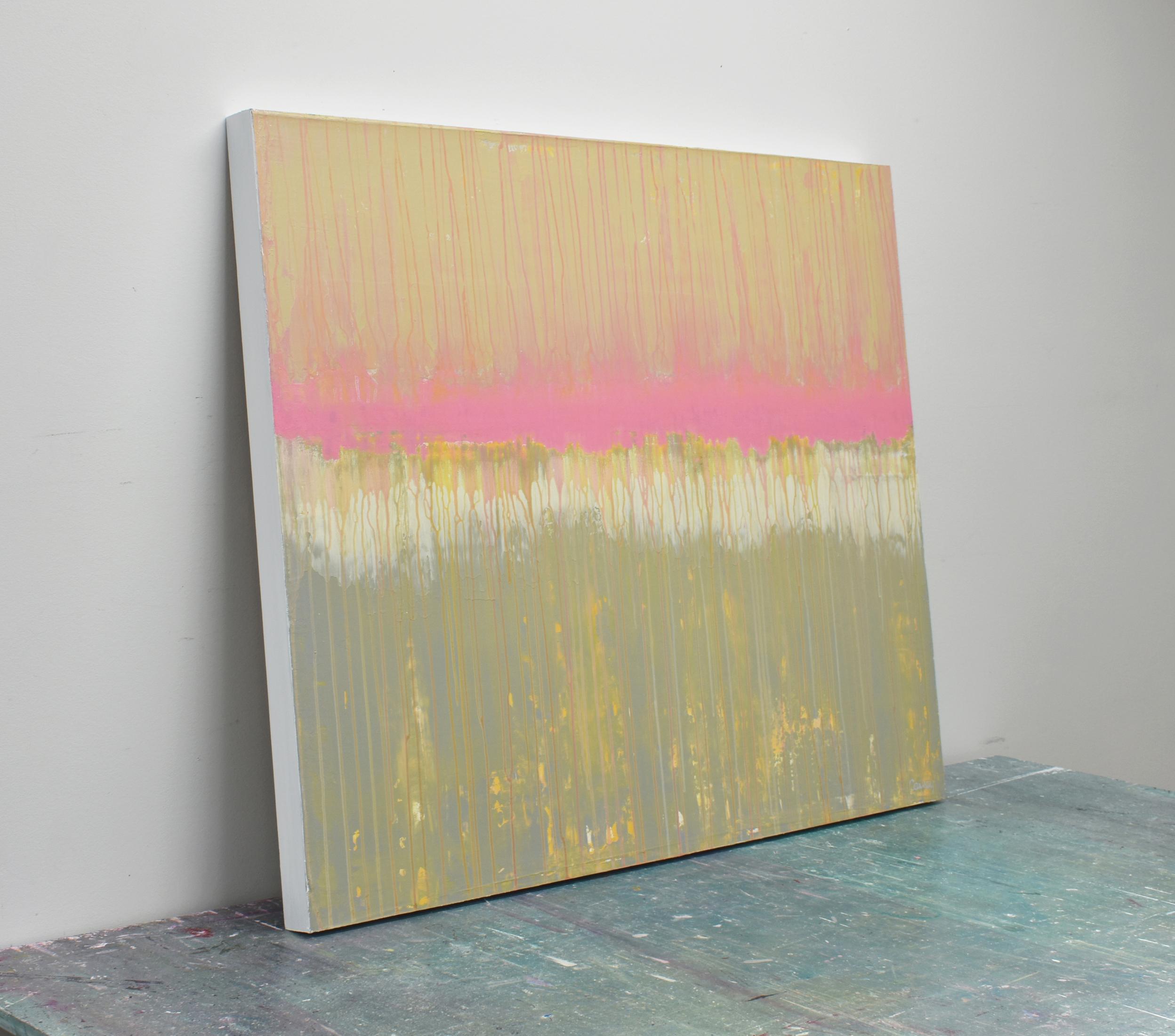 <p>Artist Comments<br>Soft pink and beige hues create a calming visual effect in this minimalist abstract painting. Executed using a dripping technique, the composition exudes spontaneity and fluidity. As part of artist Lisa Carney's GeoHorizon