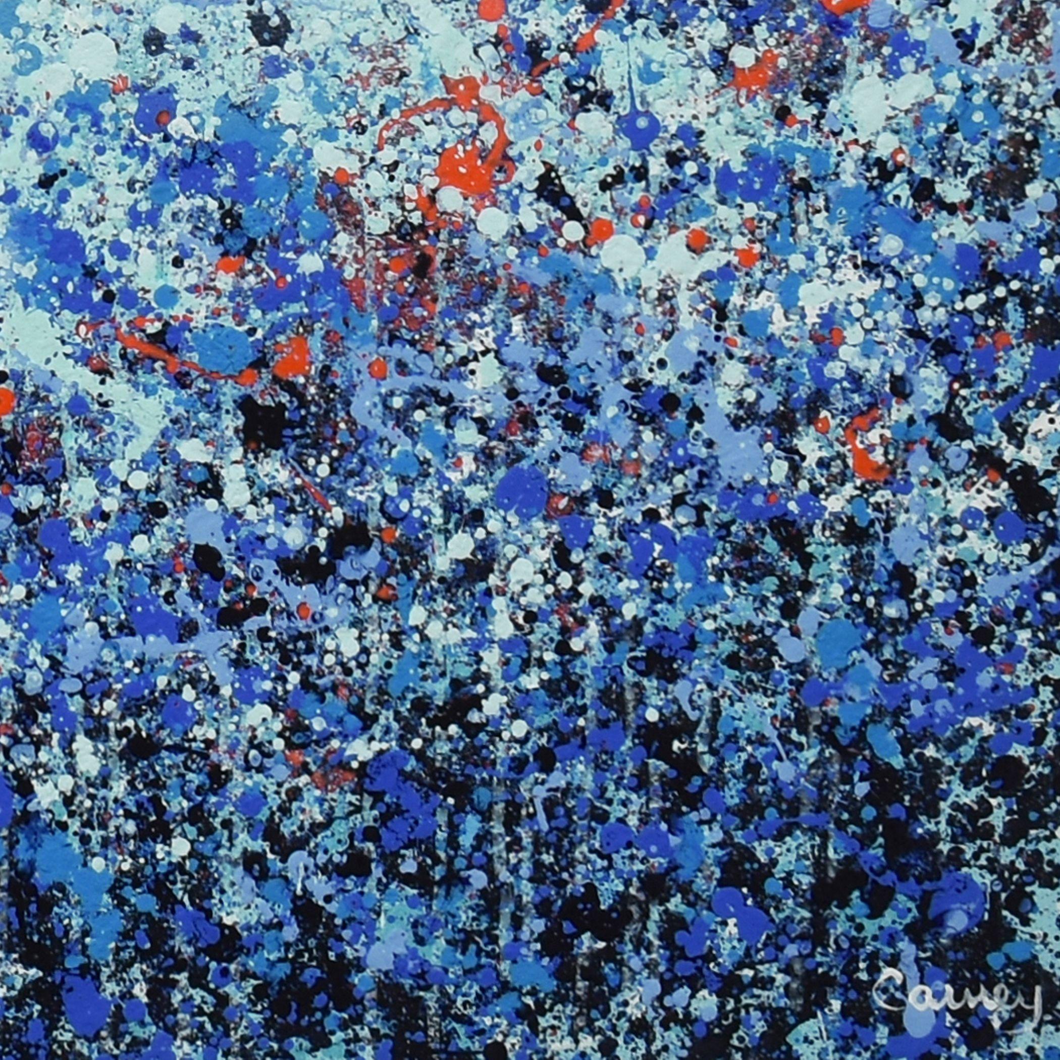 â€œJardin Bleuâ€ is a large-scale abstract painting in acrylic on canvas. It was created in beautiful shades of blue, turquoise and red. It is from the 