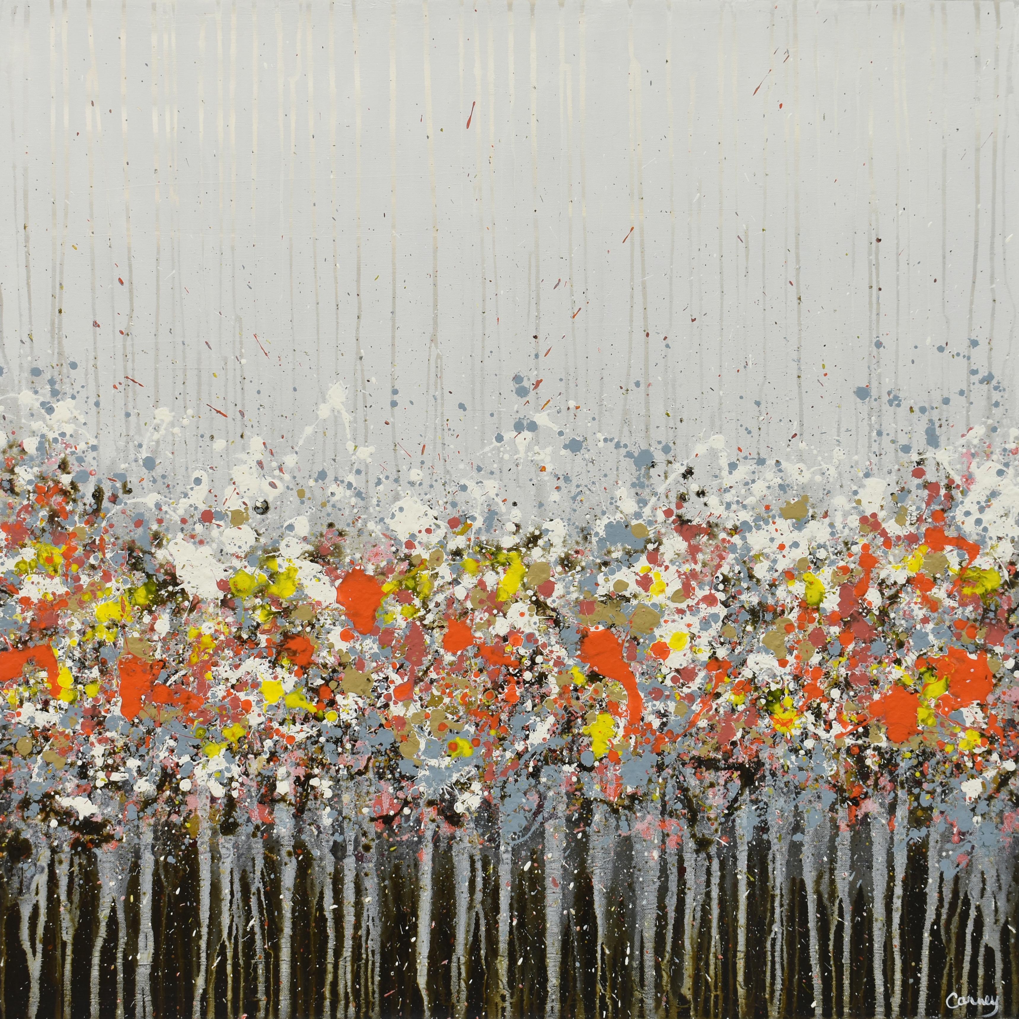 <p>Artist Comments<br>Splash and drips of paint represent nature in this abstract floral landscape. It features neutral colors of taupe, white, and yellow, with pops of red. The artwork is part of artist Lisa Carney's GeoFlora