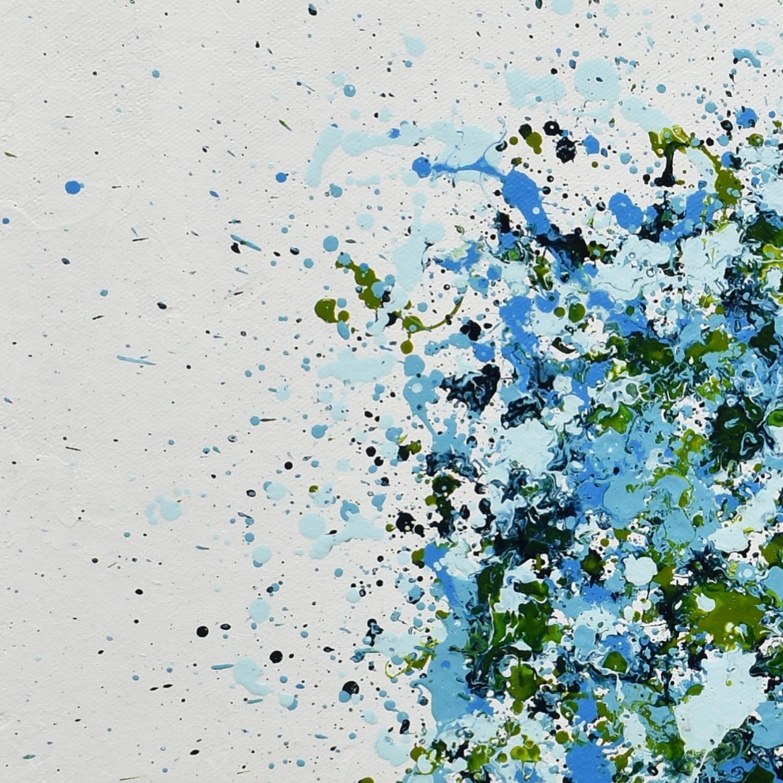 ΓÇ£Petal Burst 23ΓÇ¥ is a mid-size abstract painting in acrylic on canvas. Various shades of blue and green were carefully dripped on a textured white background. It is part of the 