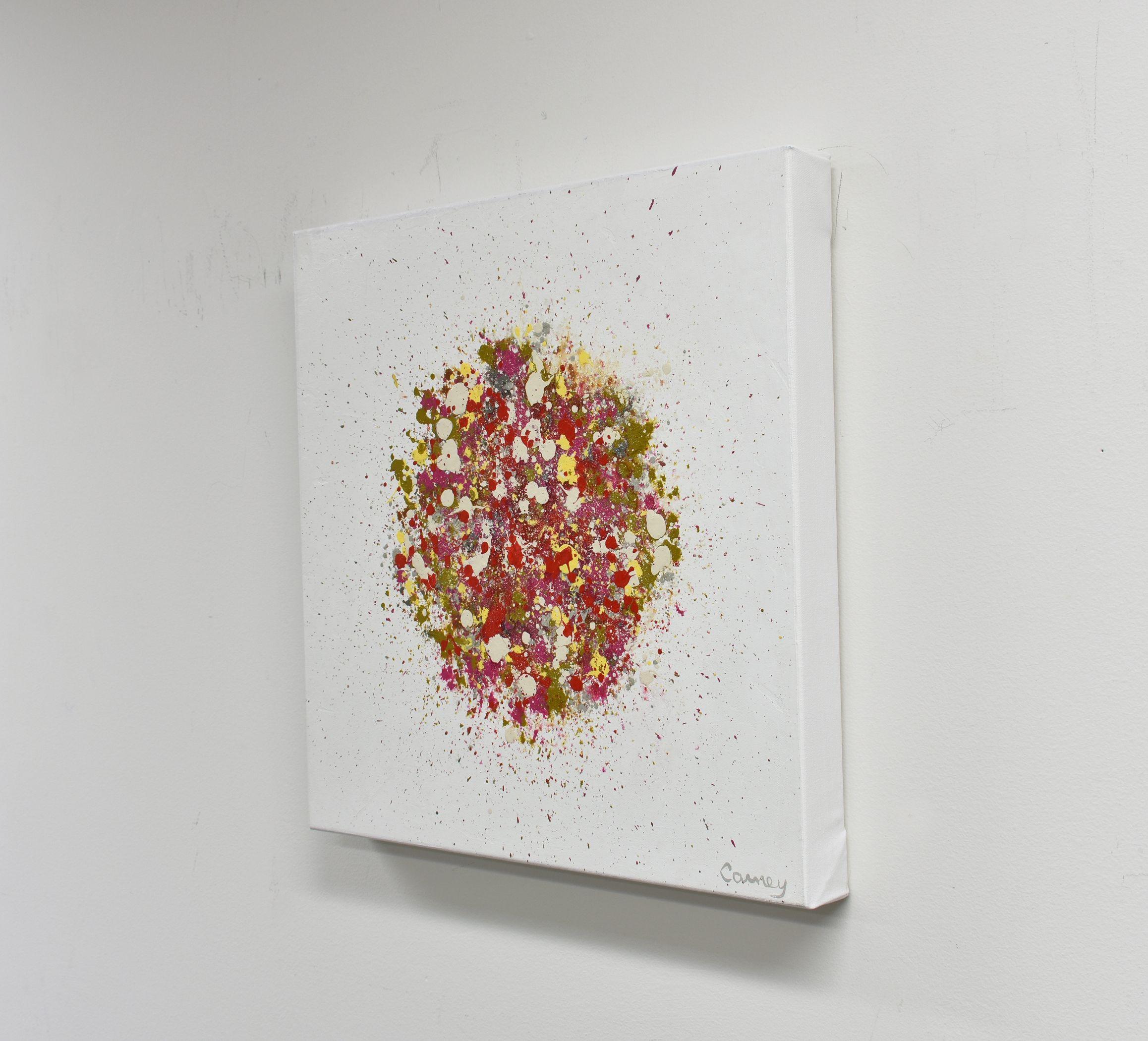 â€œPetal Burst 24â€ is a mid-size abstract painting in acrylic on canvas. Red, pink, yellow, ochre and gray were carefully dripped on a textured white background. It is part of the 