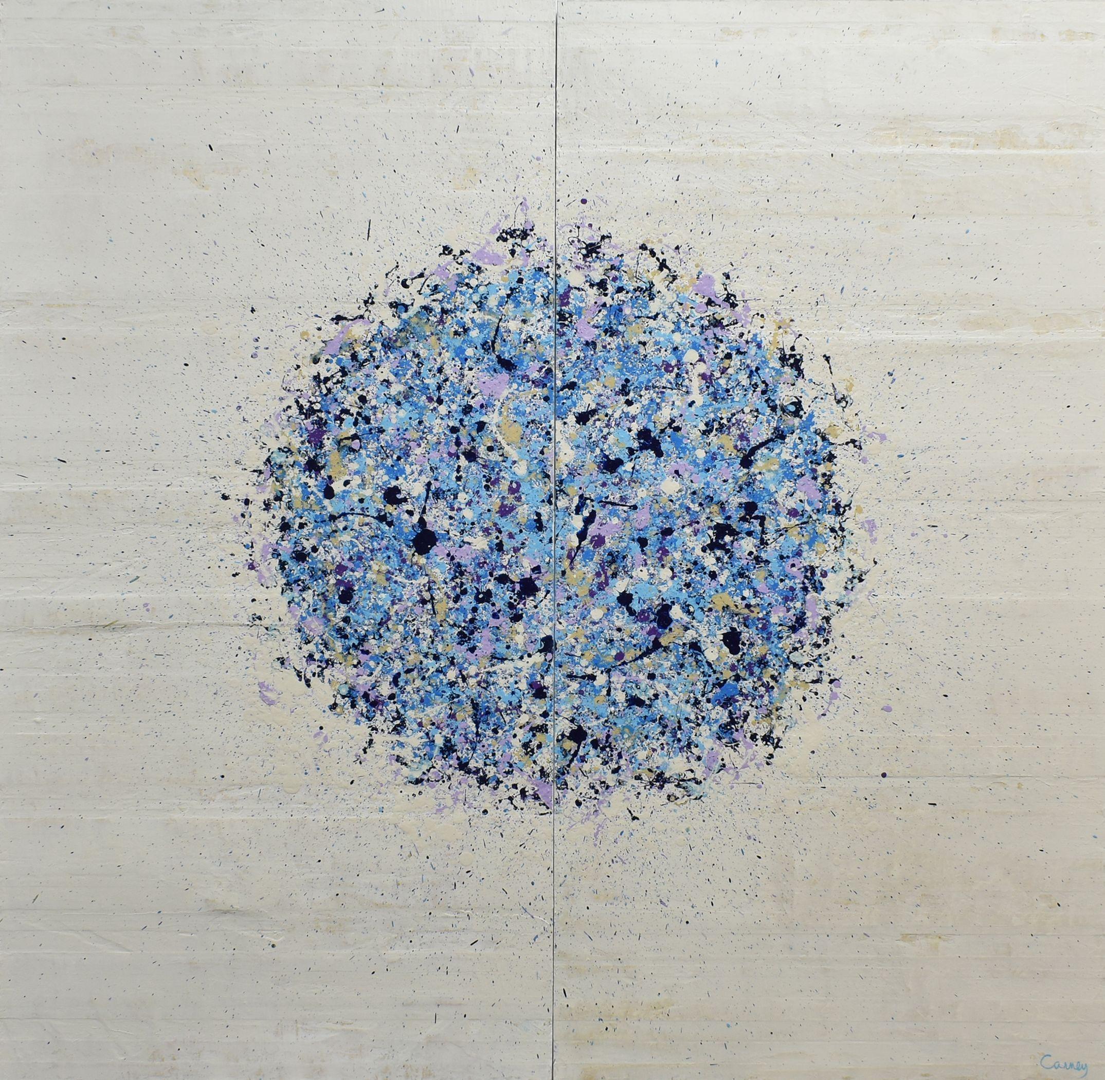 Petal Burst 36 is an abstract diptych, meaning it is made up of two separate paintings. It was painted with acrylic on wood panel with a cool palette of blues on a bone white background. Each panel measures 48 x 24 x 1.5 inches. The total size of