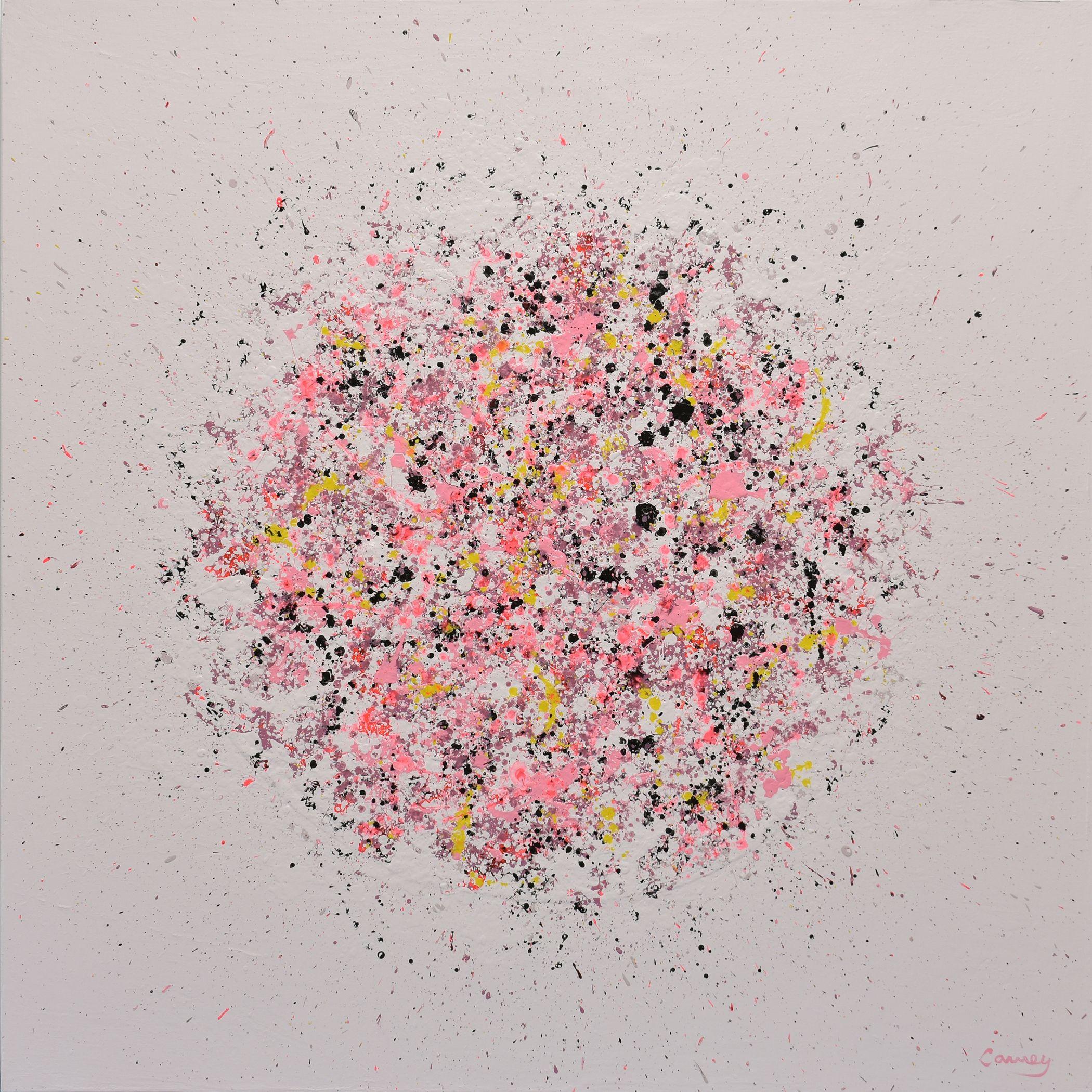 â€œPetal Burst 37â€ is an abstract painting in acrylic on canvas. Various shades of pink, coral, yellow and black explode onto a pale pink background. It is part of the "Petal Burst" series, a collection of floral abstract paintings where drip and