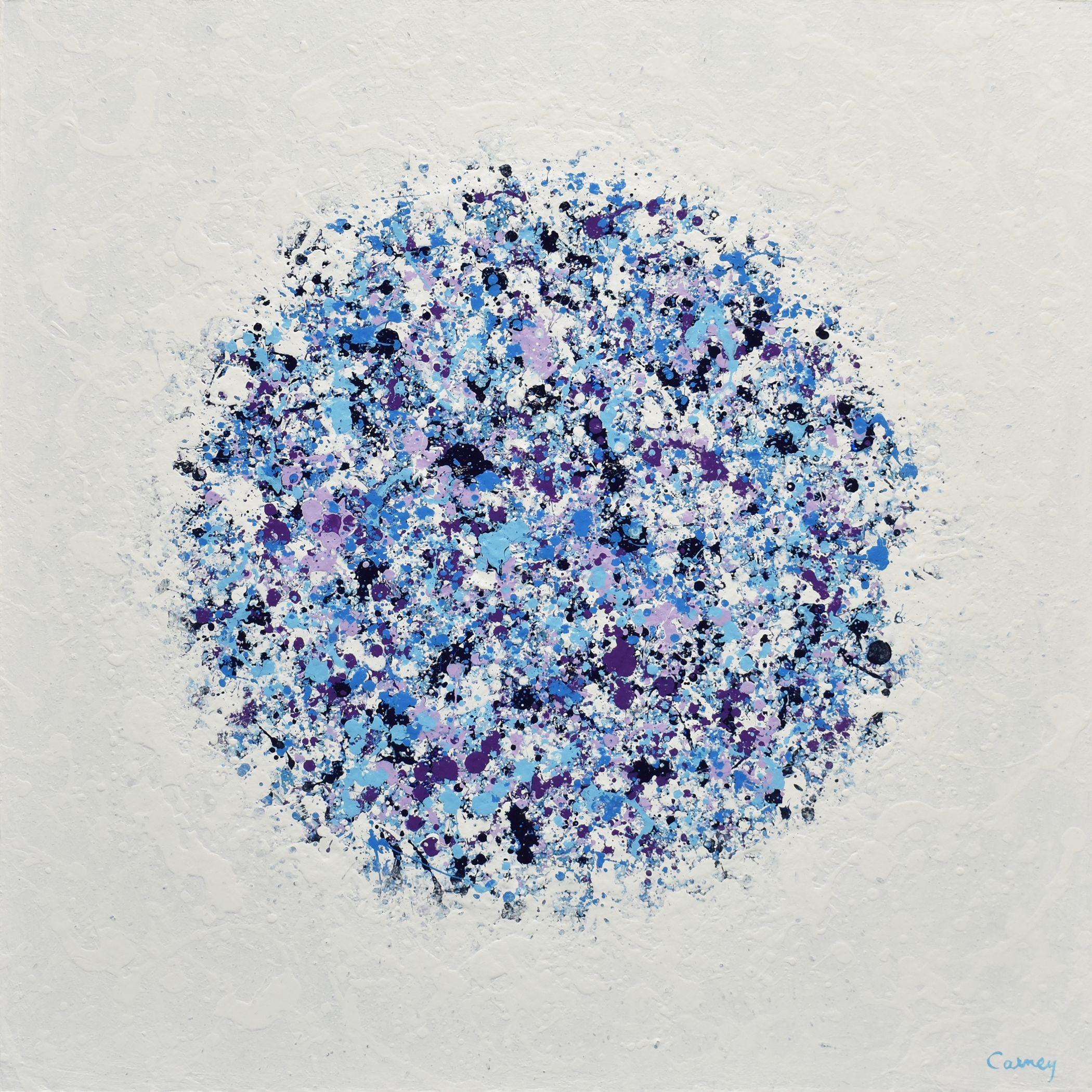 â€œPetal Burst 41â€ is an abstract painting in acrylic on wood panel. Various shades of blue and purple explode onto a textured white background. It is part of the "Petal Burst" series, a collection of floral abstract paintings where drip and