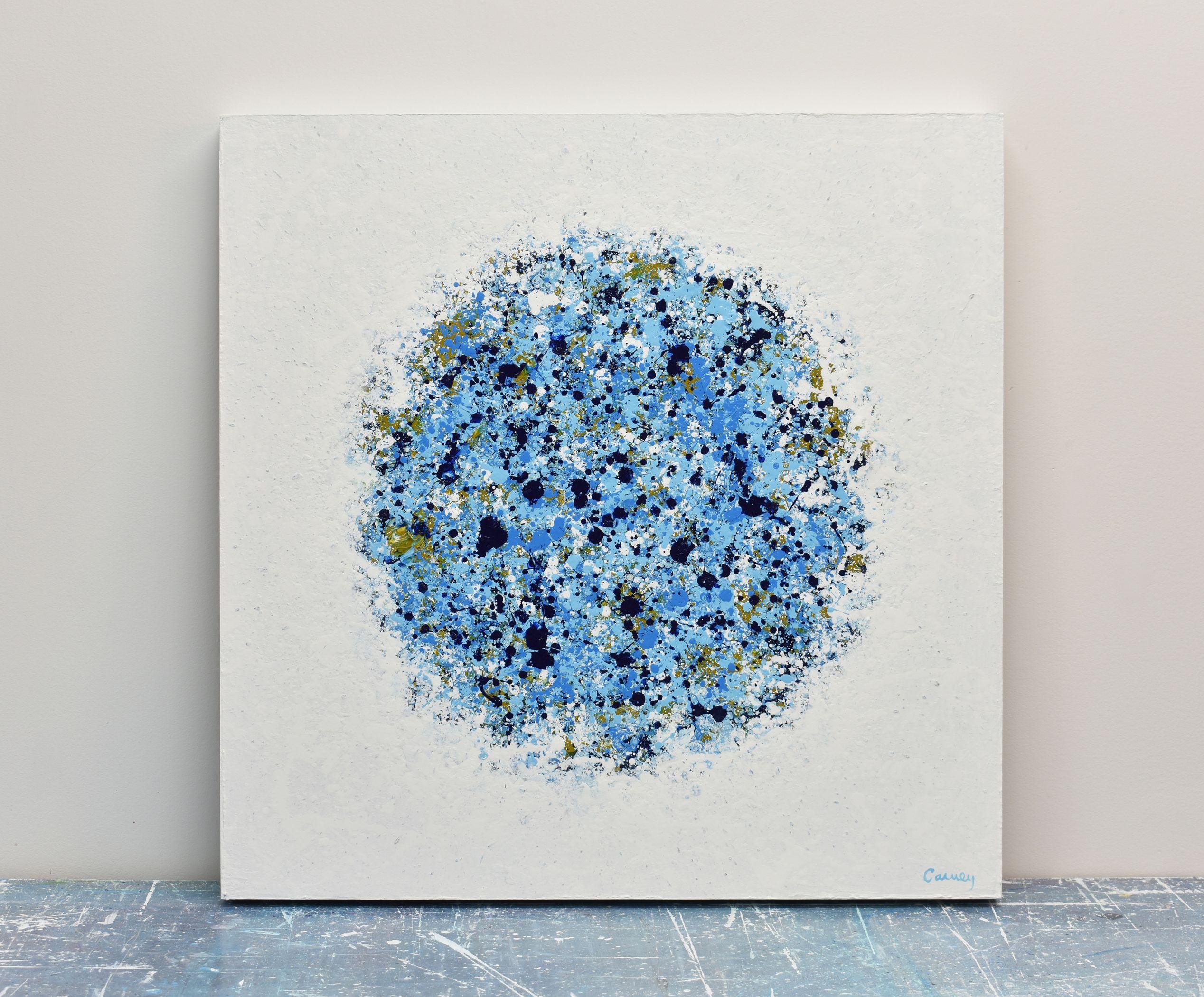 â€œPetal Burst 42â€ is an abstract painting in acrylic on wood panel. Various shades of blue and green explode onto a textured white background. It is part of the 