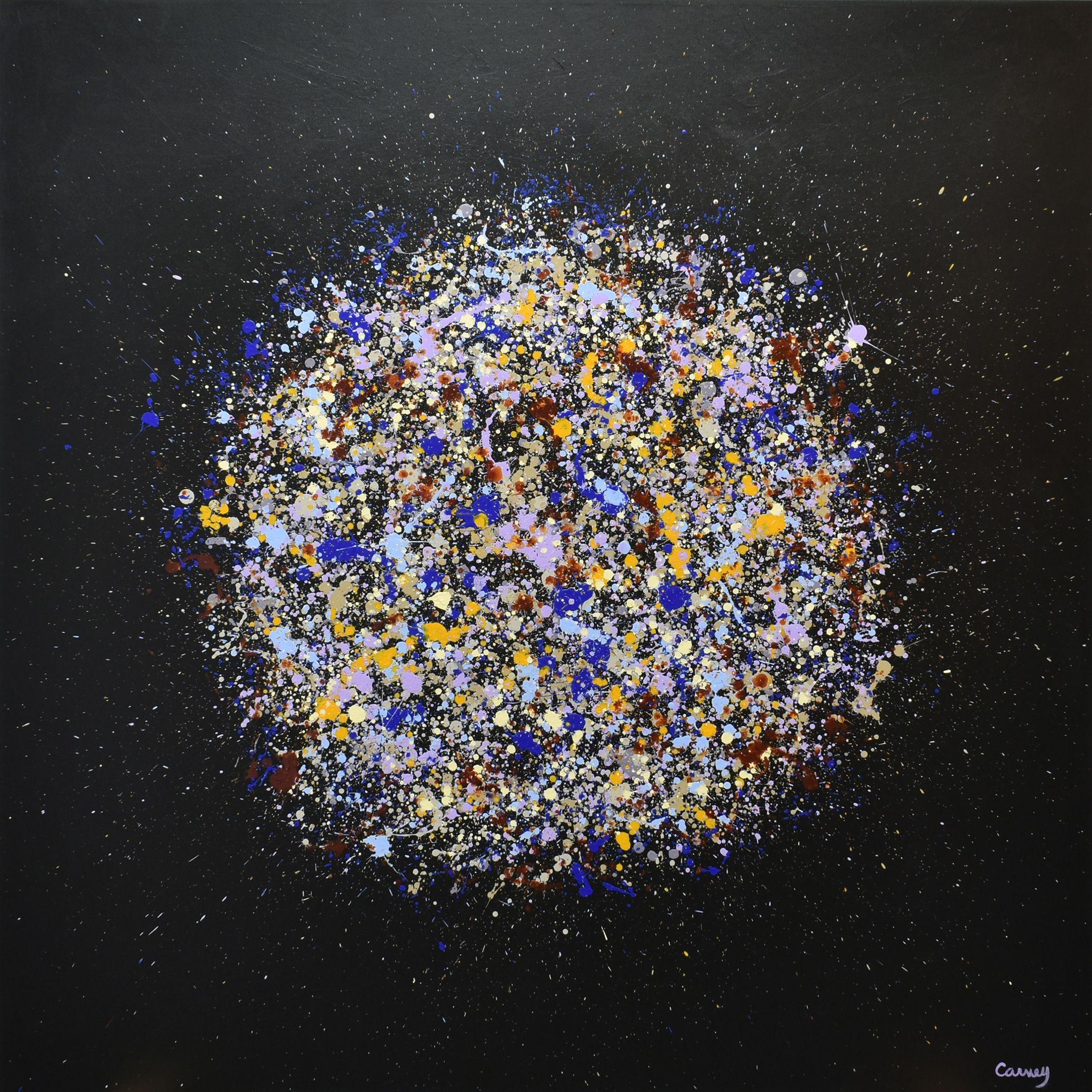 Petal Burst 43 is an abstract painting in acrylic on canvas. Shades of blue, purple, yellow and brown explode onto a black background. The painting is signed on the front, and signed, titled and dated on the back. It measures 48 x 48 x 1.5 inches