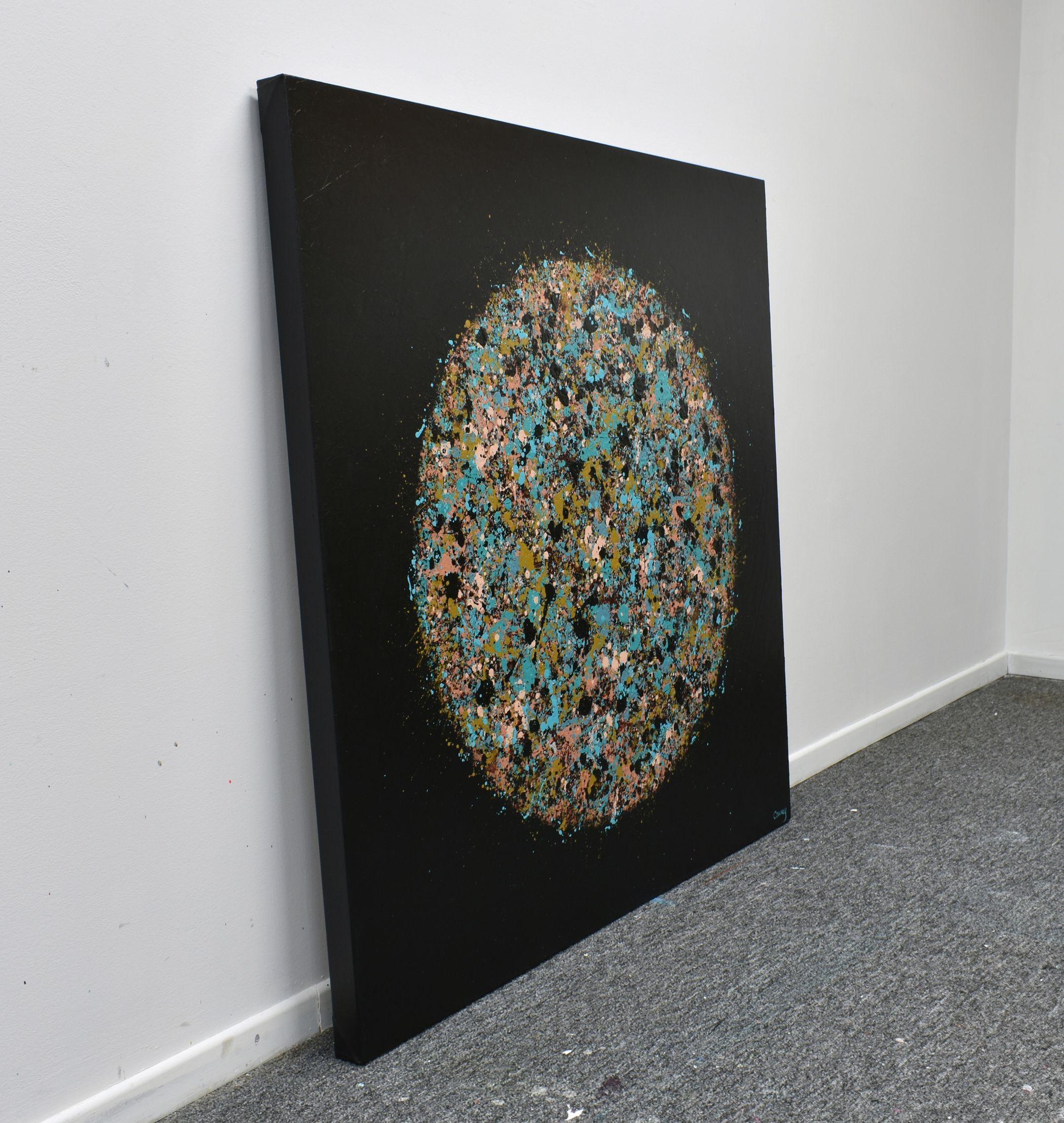 Petal Burst 52 is an abstract painting in acrylic on canvas. It features a vintage color palette of teal, mustard and coral pink sprinkled on a black textured background. It is part of the 