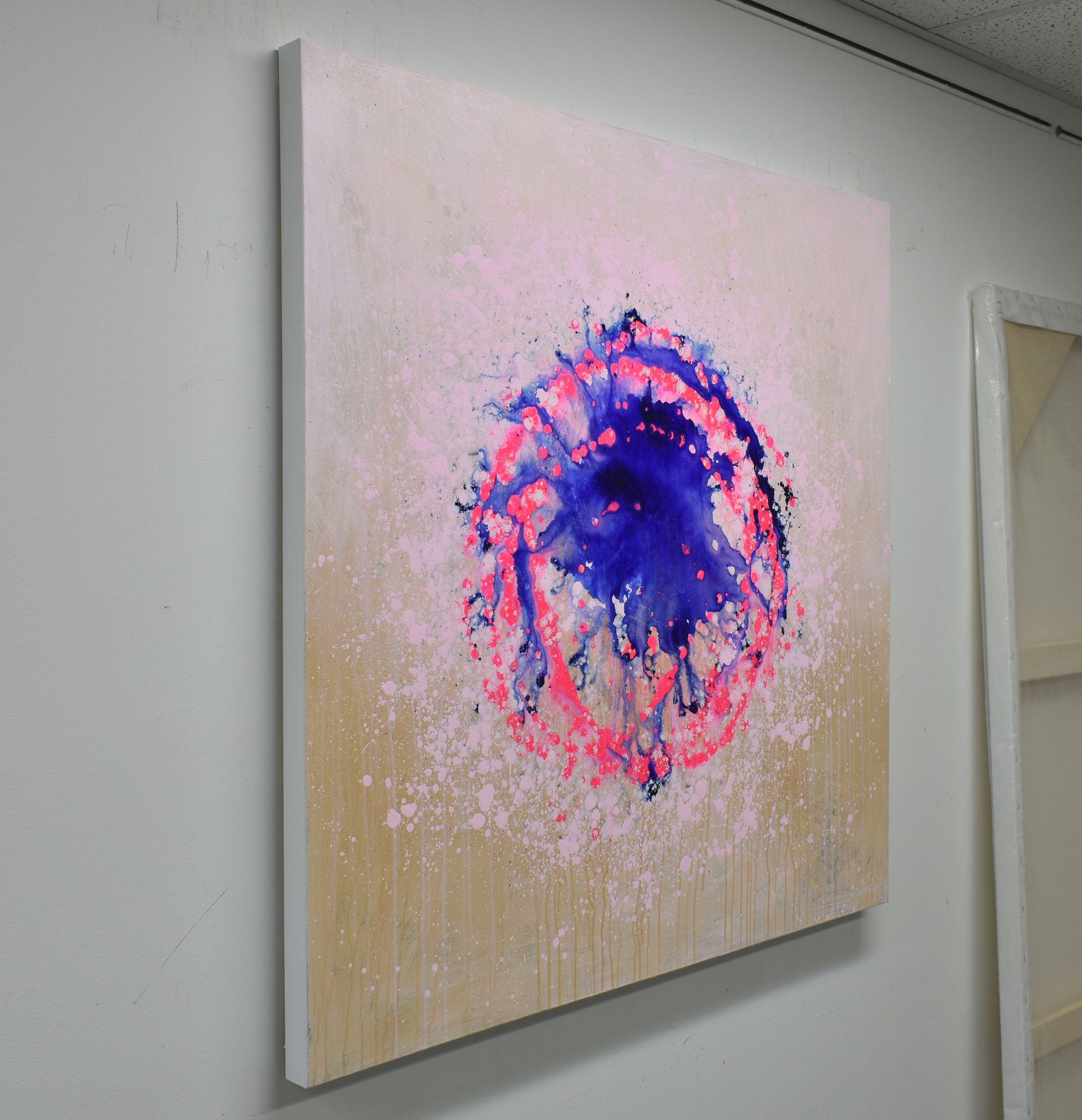 â€œPink Burstâ€ is a large modern abstract painting on canvas. Fluorescent pink and deep blue colours contrast on a blush pink and light sienna background. It is part of the 