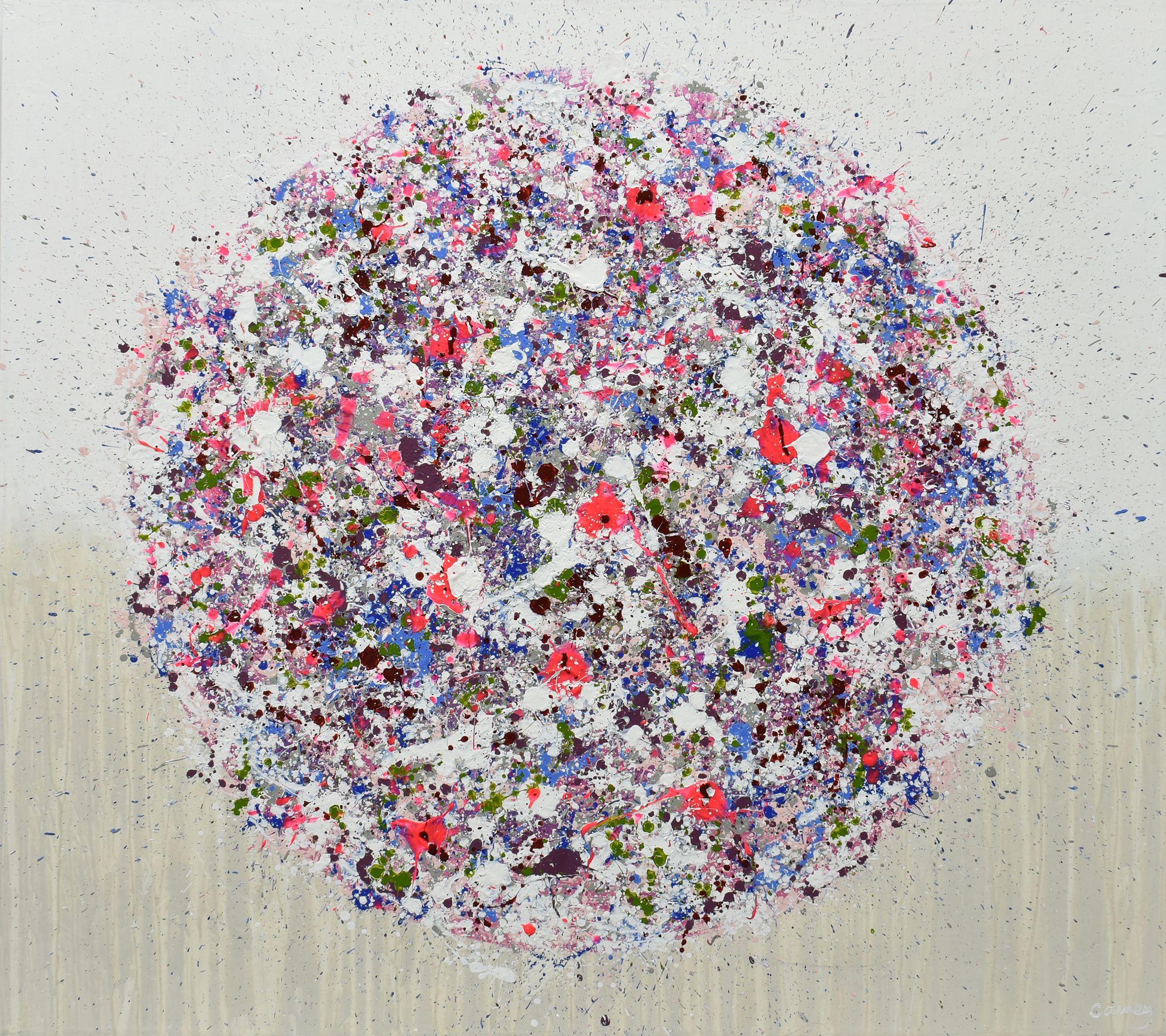 Rose Pod is a large modern abstract painting on canvas started in 2019 and reworked in 2021. It features pink, purple and blue on a white and gray background. It is a painting full of energy to decorate your home. Please note that fluorescent pink