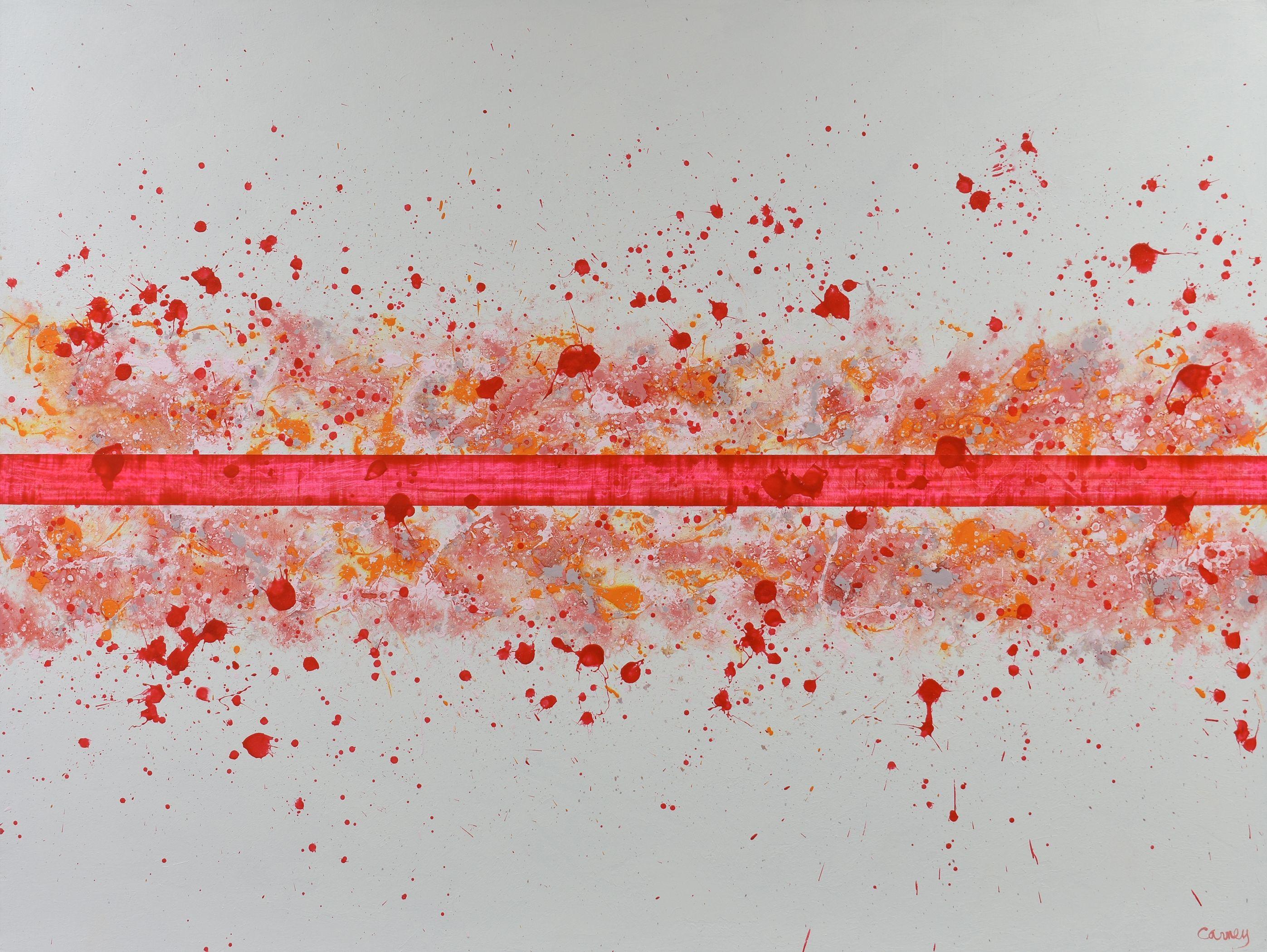 Rouge Desir is a large abstract painting in acrylic on canvas. The work features a bright color palette of fluorescent pinks and reds on a textured white background. It is the last creation of 2019.    For the creation of this piece, professional
