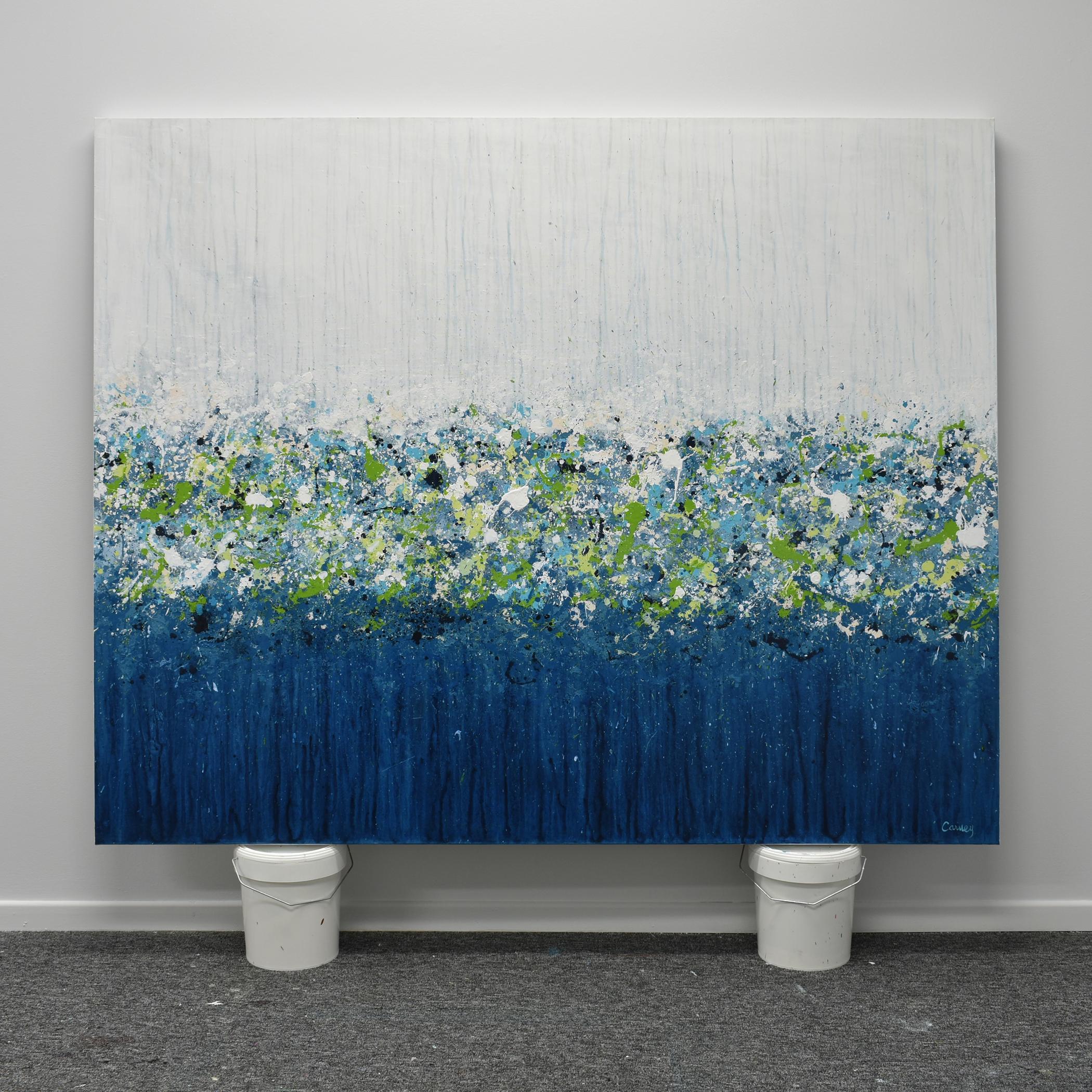<p>Artist Comments<br>As part of her ongoing GeoFlora series, artist Lisa Carney paints an abstraction of a floral landscape. Buds of blue, white, and green bloom at the juncture where the white and sapphire background meet. Lisa uses a drip