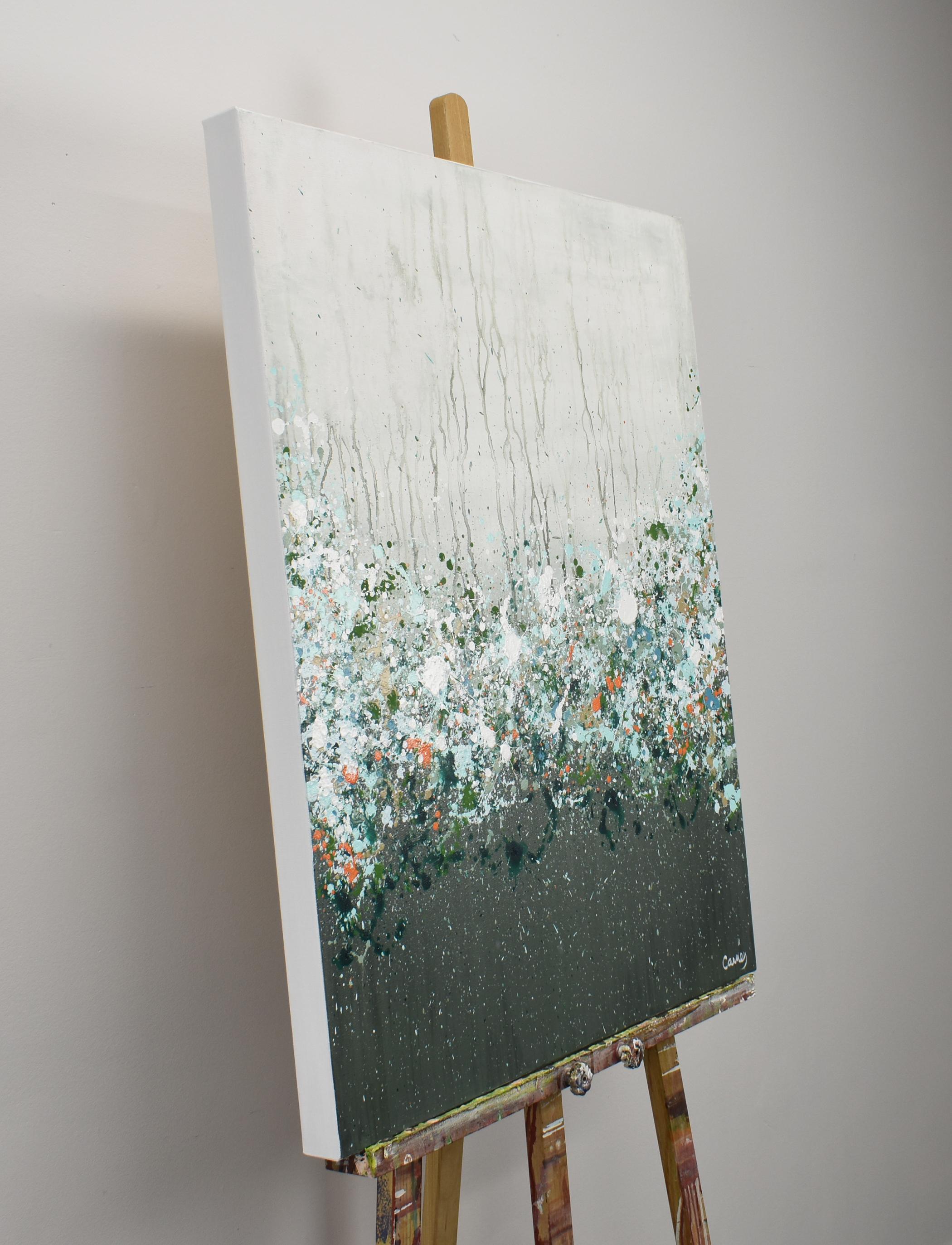 <p>Artist Comments<br /> Using drips, splatters, and expressionist brushwork, artist Lisa Carney offers an abstract view of wildflowers in the countryside. Soft drips of faint gray emulate young trees behind a veil of mist. Ethereal shades of green