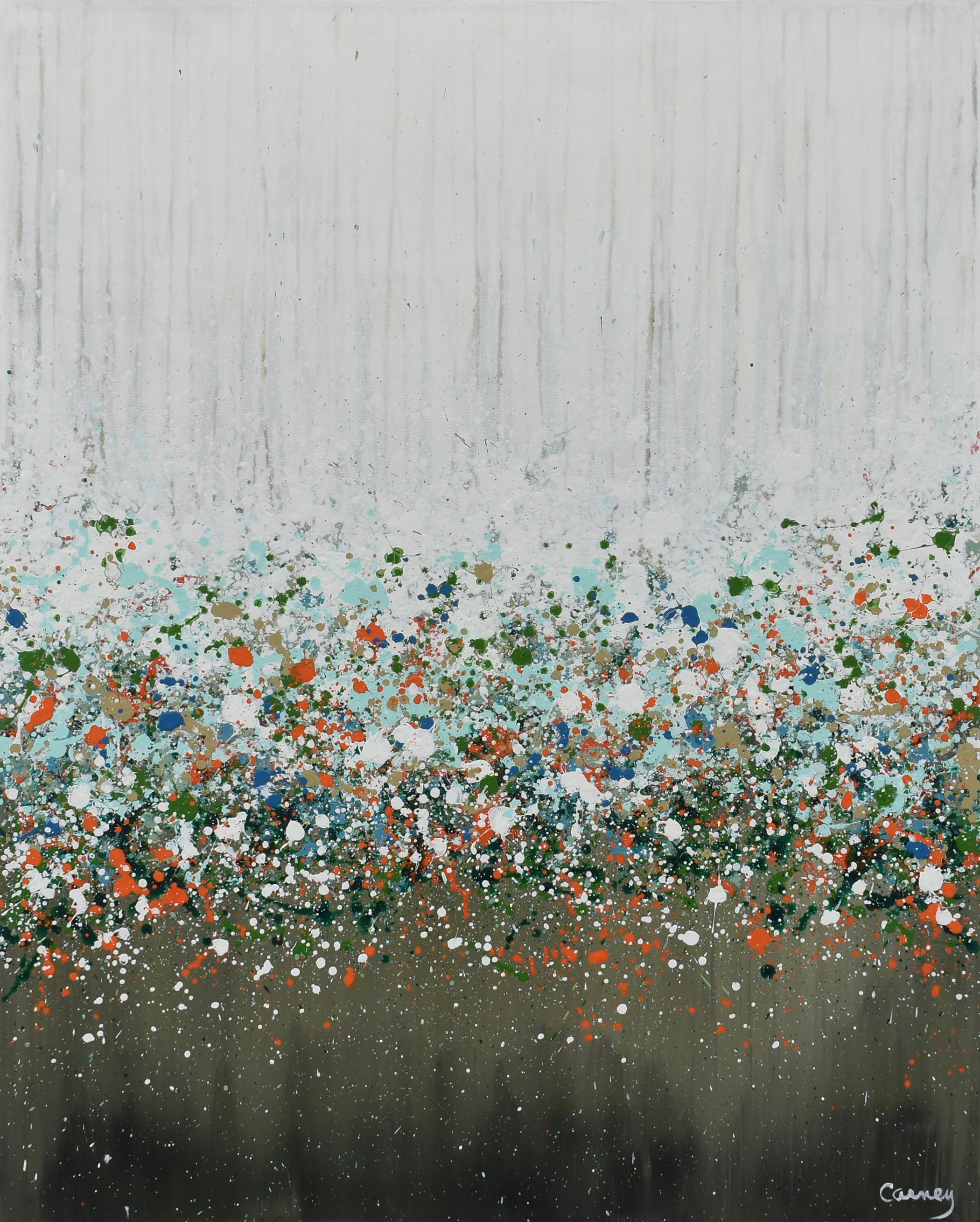 <p>Artist Comments<br />An expressive garden abstraction in shades of green, blue, turquoise, orange, and white. Part of artist Lisa Carney's GeoFlora Series, a collection of abstract landscape paintings where drip and spatter techniques are used to