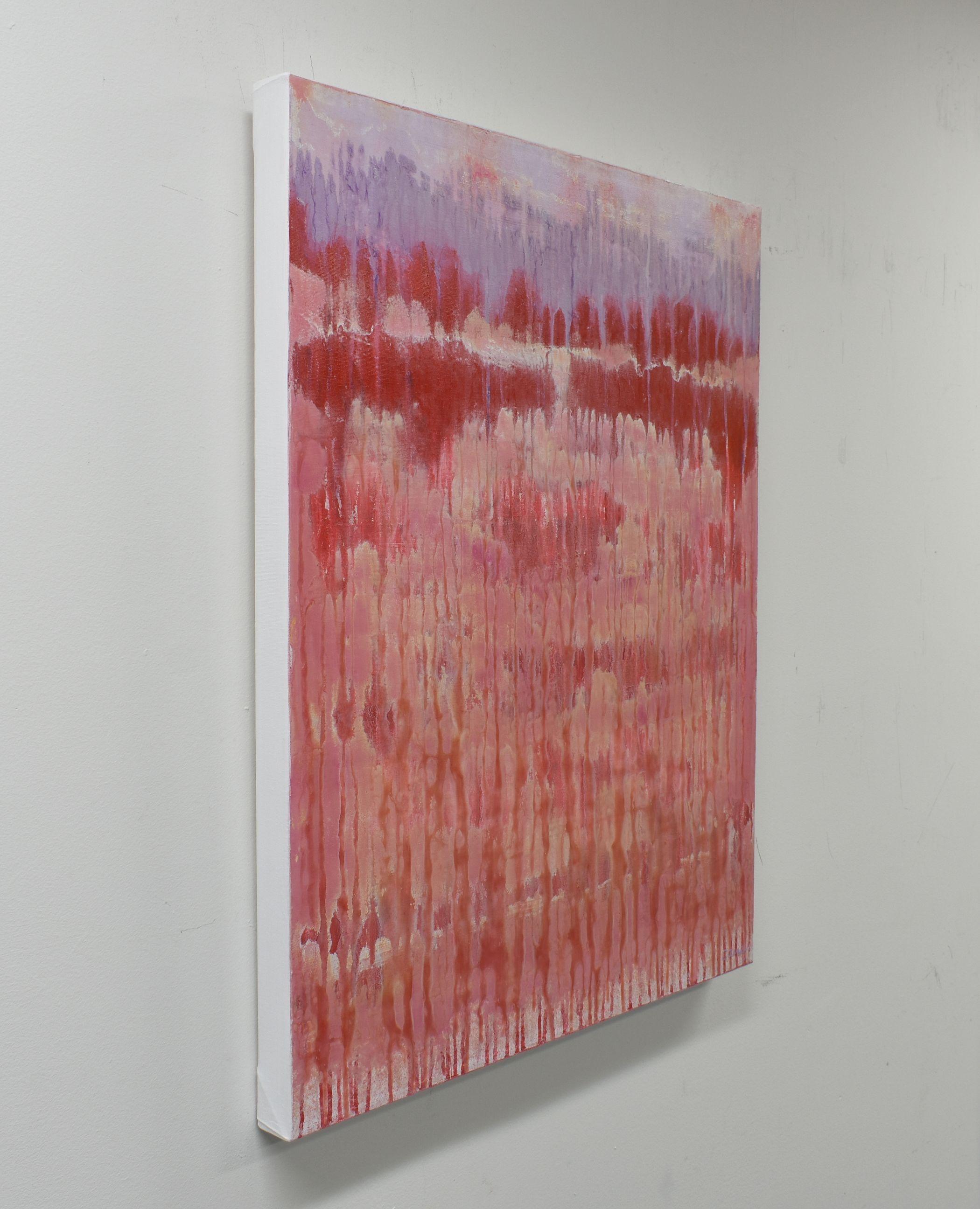 â€œTomayto Tomahtoâ€ is a lovely atmospheric abstract painting on canvas. It was created by layering acrylic paint in red, coral and lavender hues. The build up of slightly different transparent shades add interest and depth to the work.     This