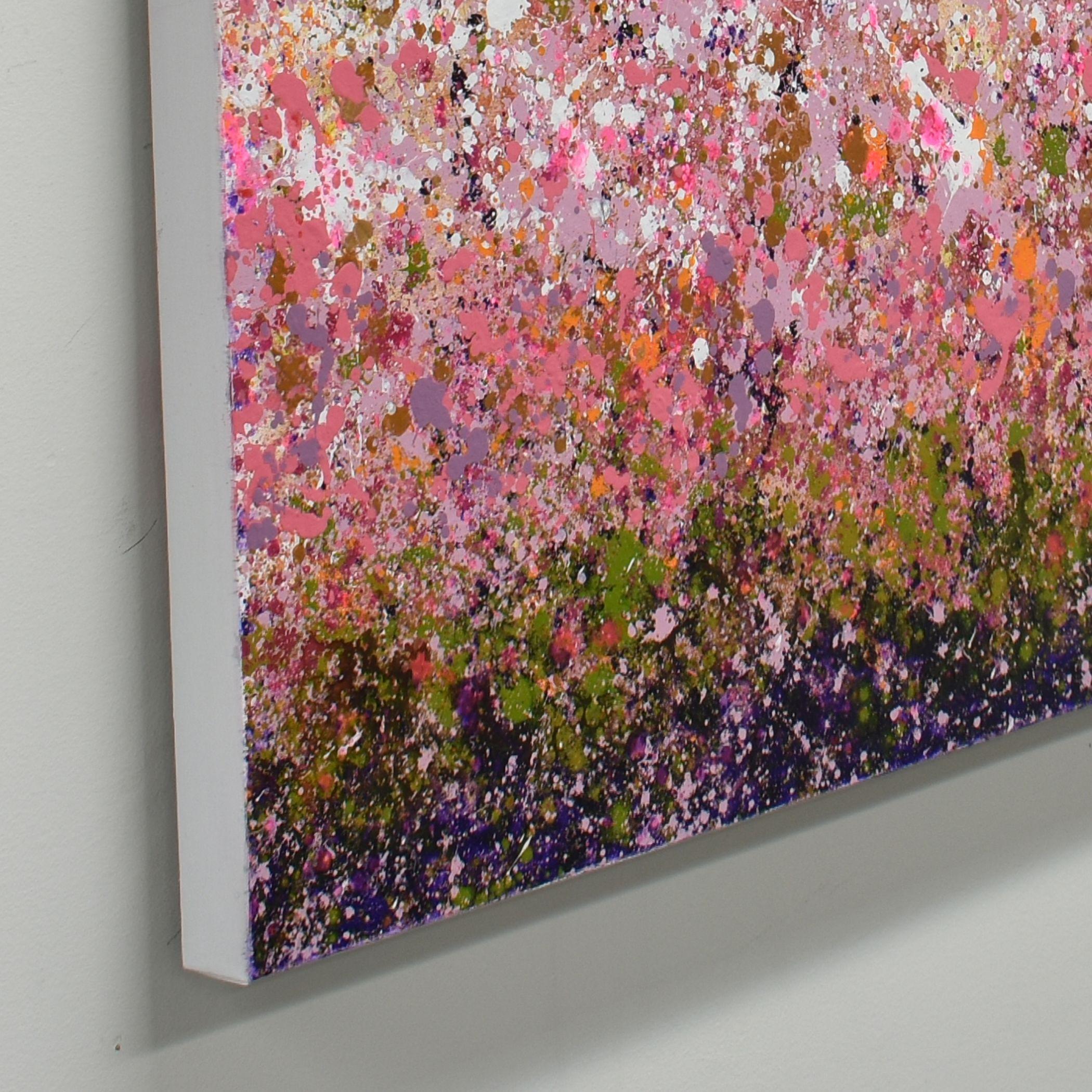 â€œTropical Blissâ€ is a floral abstract painting in acrylic on canvas. The work features a delightful color palette of pinks, purples and greens.    This painting is from the 