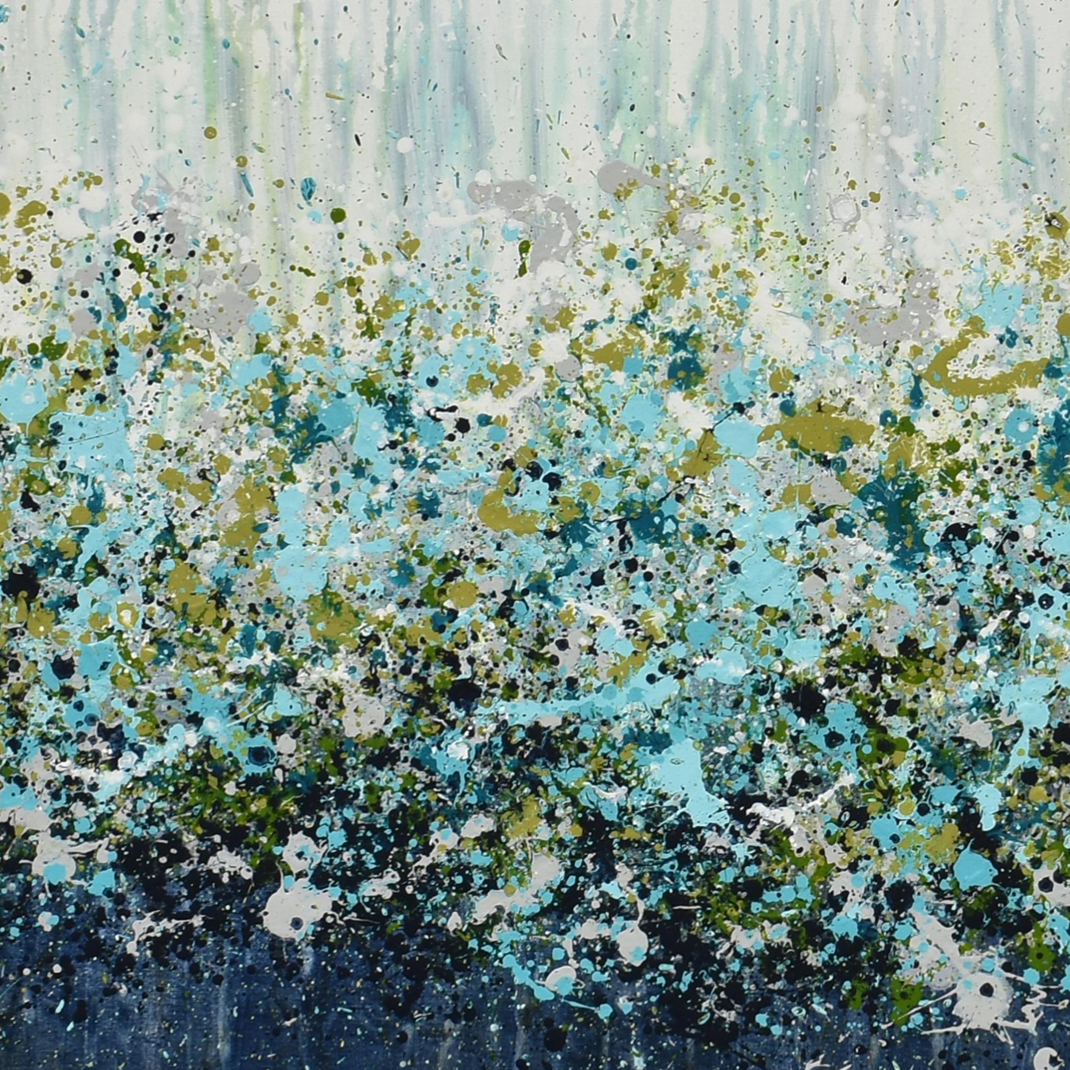<p>Artist Comments<br />Artist Lisa Carney expresses a lush open field blanketed with blue and green flowers in this abstract composition. She uses a drip painting technique that consists of splashing the paint spontaneously onto the canvas. Lisa