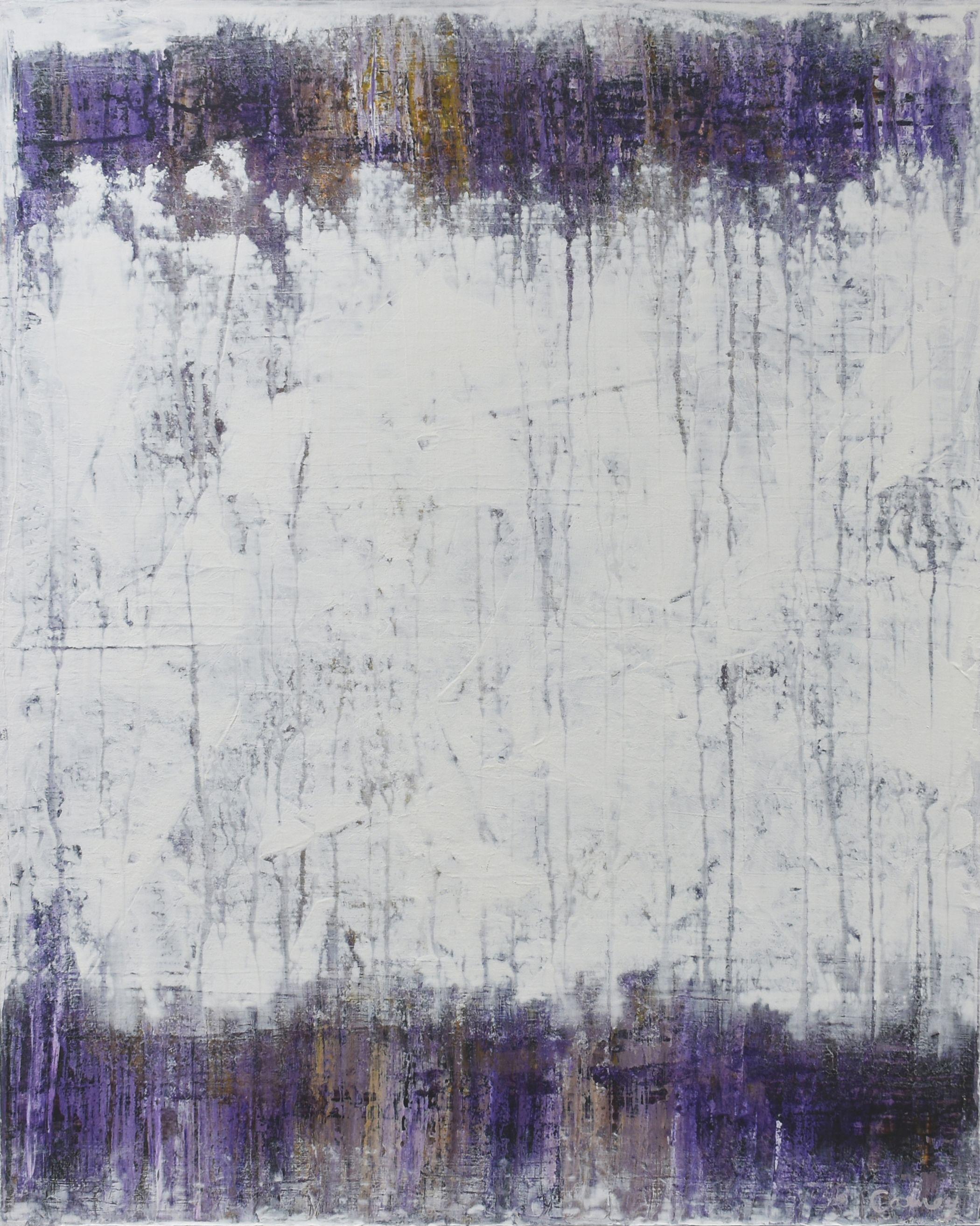 â€œWhite Purpleâ€ is a lovely atmospheric abstract painting on canvas. It was created by layering acrylic paint in purple, yellow and white. The build up of slightly different transparent shades add interest and depth to the work.     For the