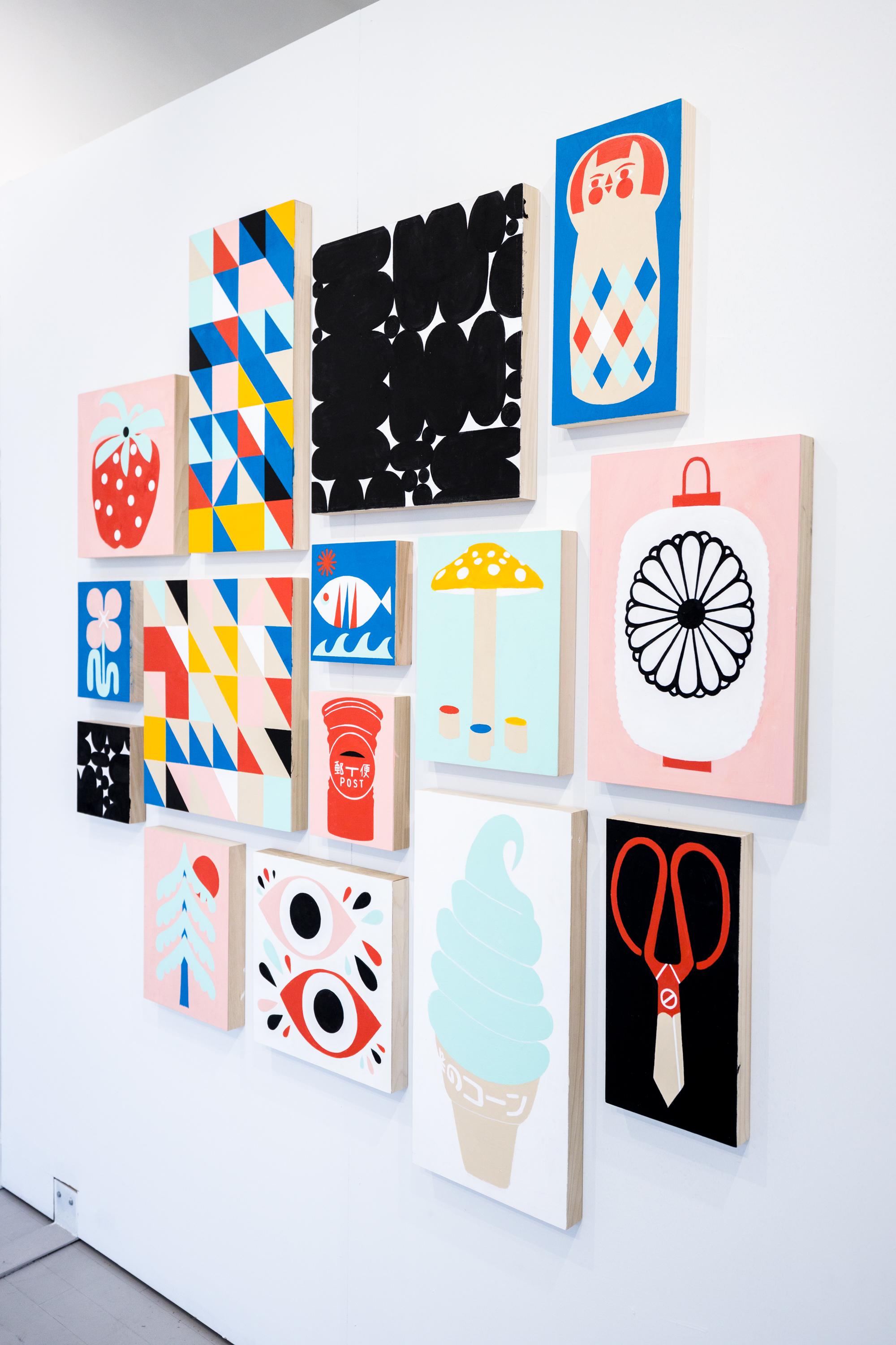 « Kokeshi Doll », motif de poupée, motifs géométriques, acrylique sur bois 8