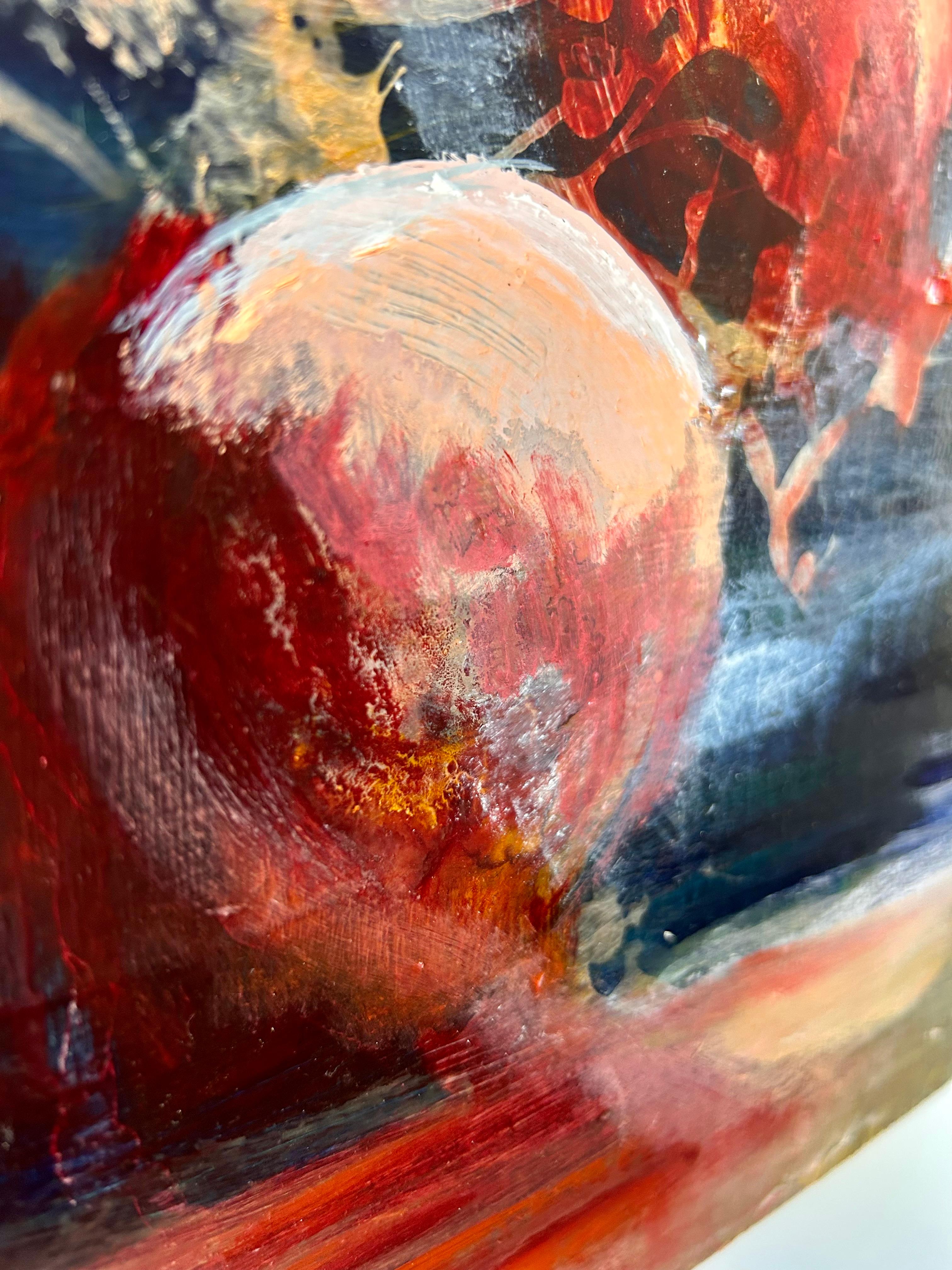 <p>Kommentare des Künstlers<br>Zwei runde Formen in Rot-, Rosa- und Orangetönen heben sich von einem strukturierten Feld in tiefem Grün-Blau ab. Ihre kühne Präsenz wirkt organisch, wie Früchte, die im Schatten reifen, oder leuchtende Formen, die aus