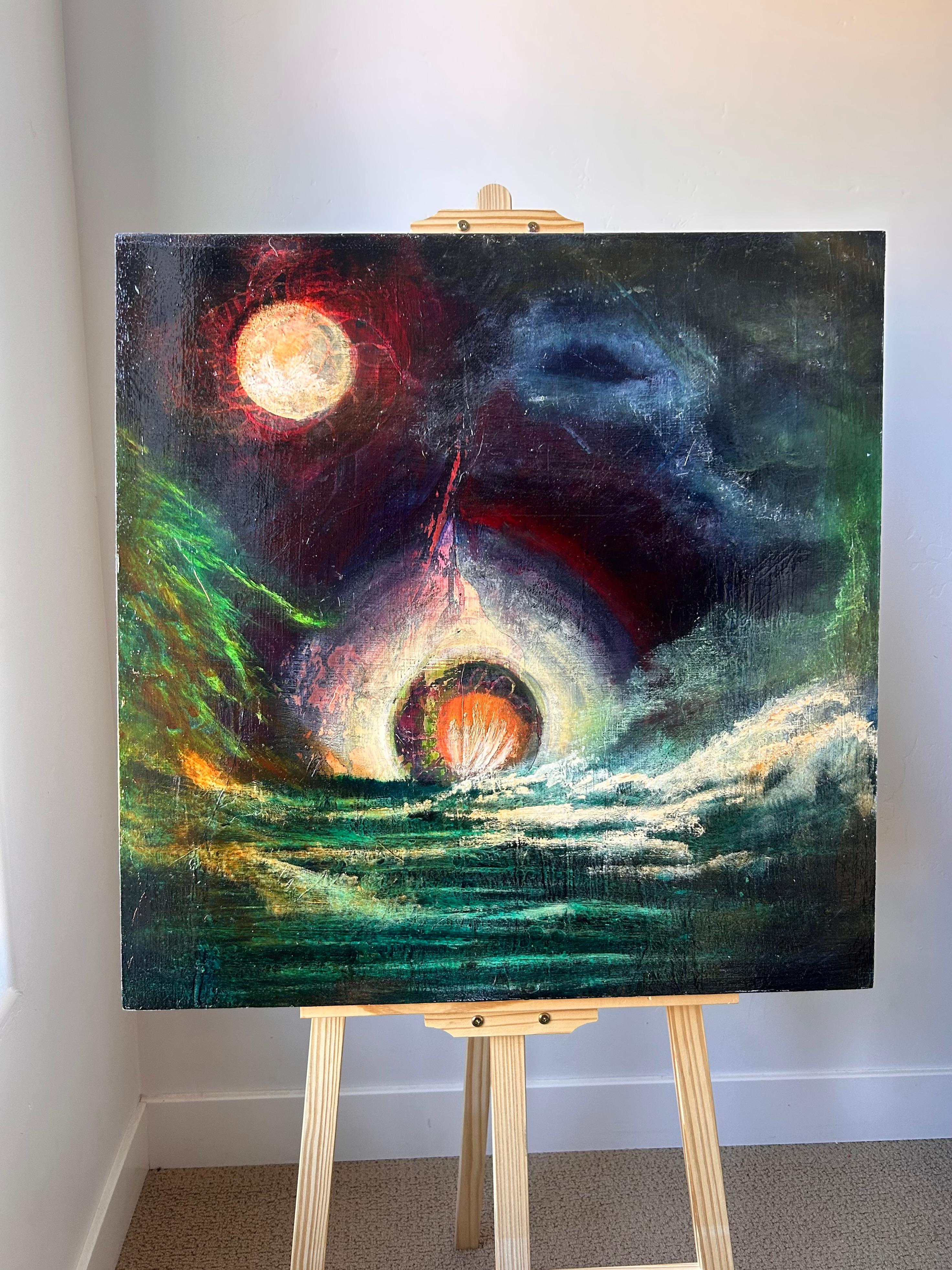 <p>Kommentare des Künstlers<br>Dieses Gemälde zeigt einen glühenden Mond, der über einer unruhigen See schwebt. Sanftes Licht ergießt sich über die Wellen und reflektiert warme Rot- und Orangetöne vor dem tiefen, changierenden Blau. Der Himmel