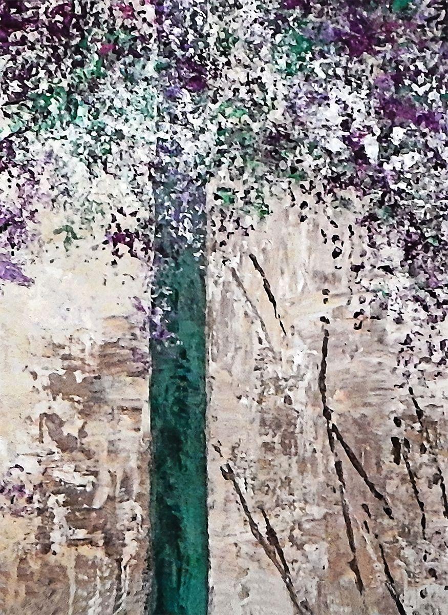 An acrylic nature abstract inspired by romance and wisteria growing around a pagoda. With a delicate touch and on natural unprimed canvas this tall piece makes a statement. :: Painting :: Abstract :: This piece comes with an official certificate of