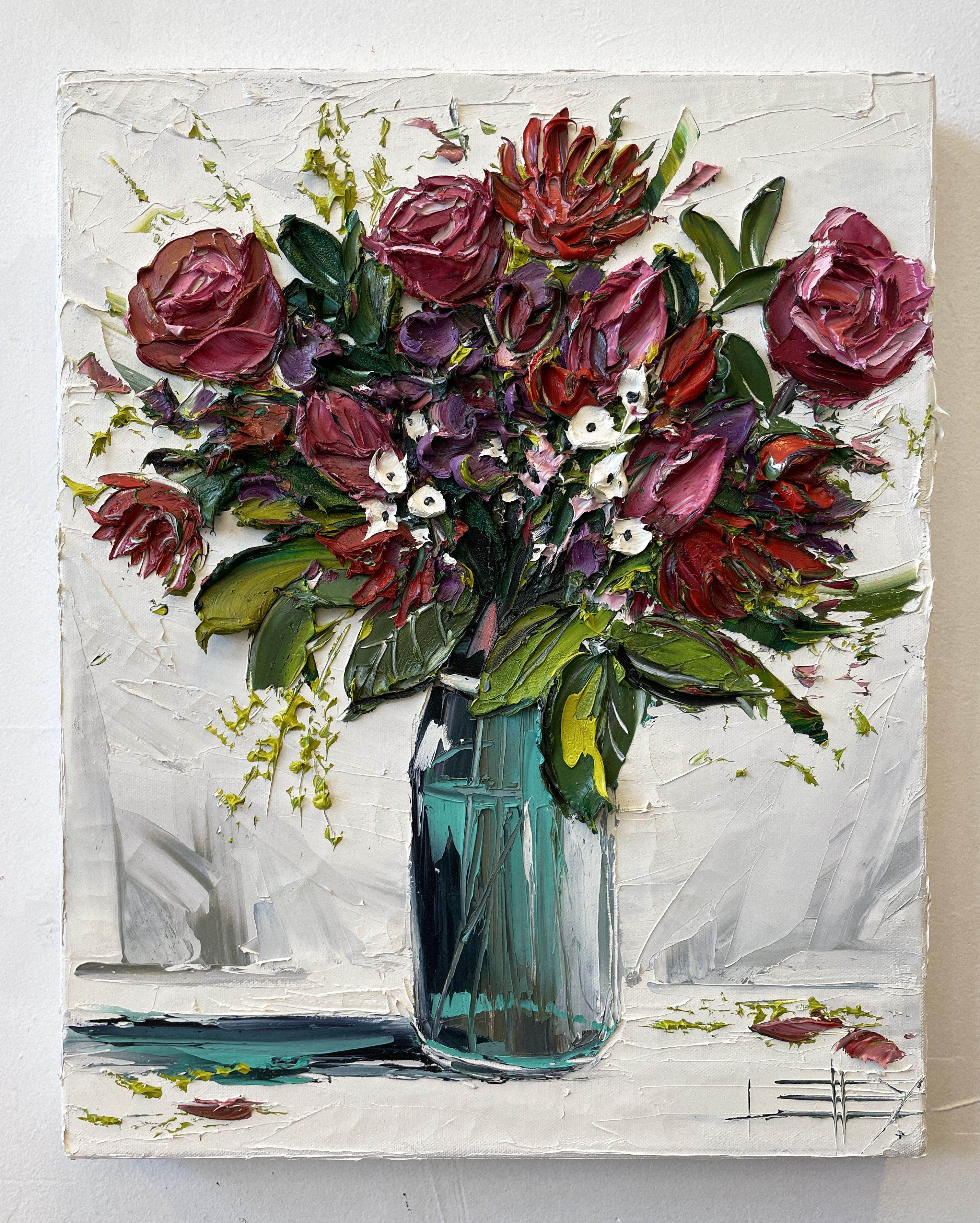 A textured painting in oil created in Lisa's signature deep impasto style. This painting features rich, thick roses, poppies and proteas in a lushly stylized palette knife theme.    A delicate palette of soft ivory, reds and blush balances the green