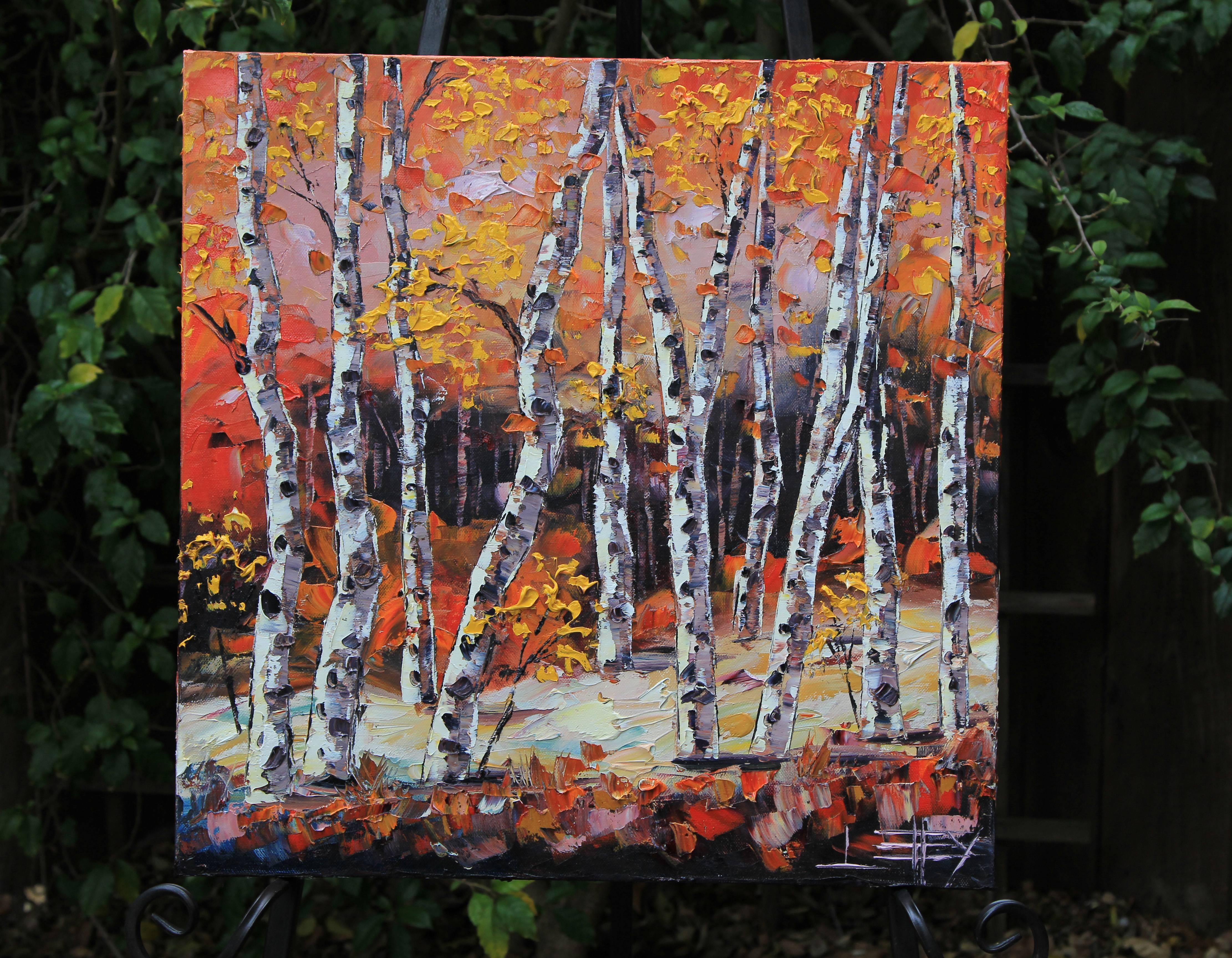 Benevolent Birch Lisa Elley Oil painting on stretched canvas
One-of-a-kind
Signed on front and back
2016
20 in. h x 20 in. w x .75 in. d
1 lbs. 0 oz. Artist Comments 
Whether it's fall, winter, spring or summer it's always time for some colorful