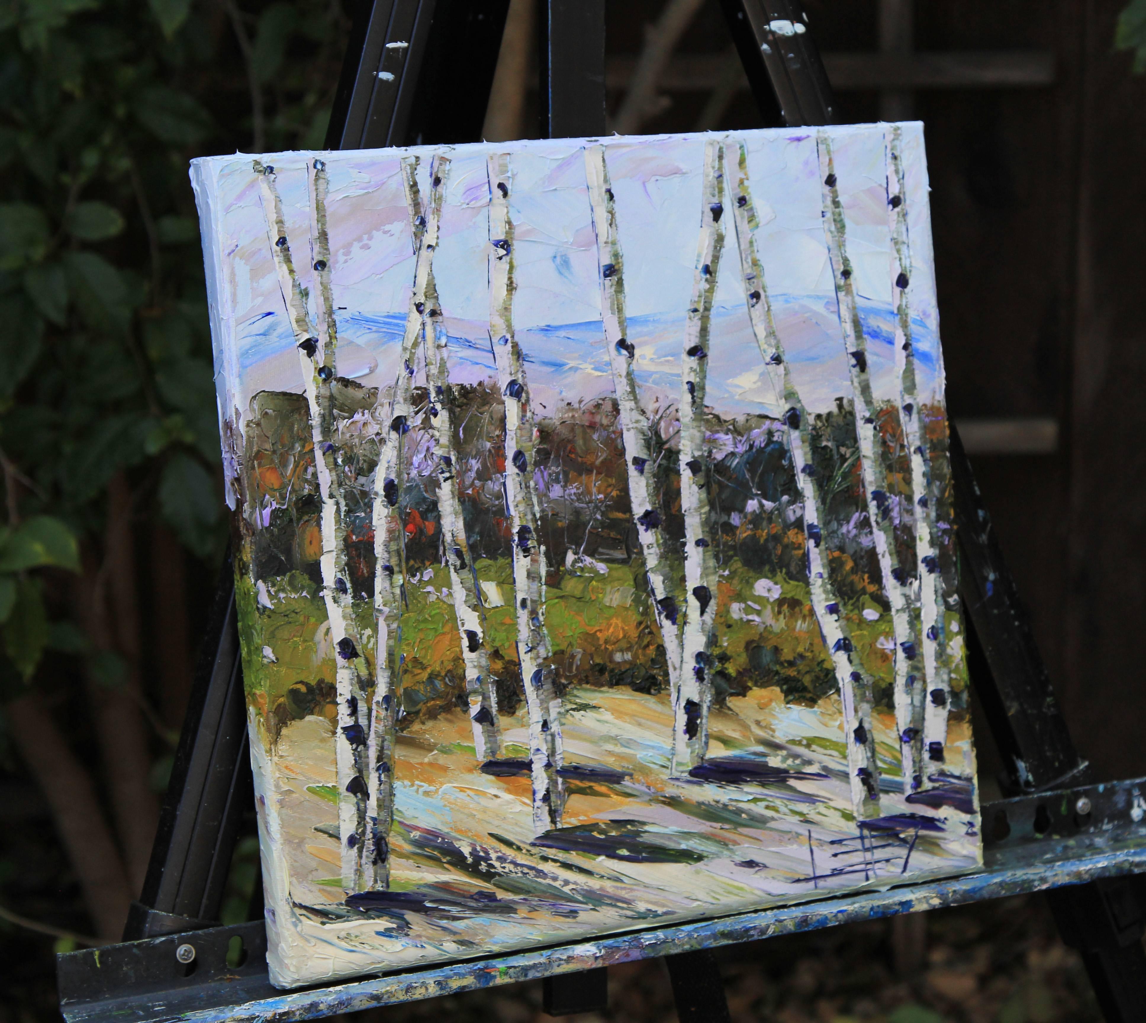 Birch Eloquence Lisa Elley Oil painting on stretched canvas
One-of-a-kind
Signed on front and back
2016
12 in. h x 12 in. w x .75 in. d
0 lbs. 8 oz. Artist Comments 
My favorite season of fall is captured here by my favorite tools, my palette