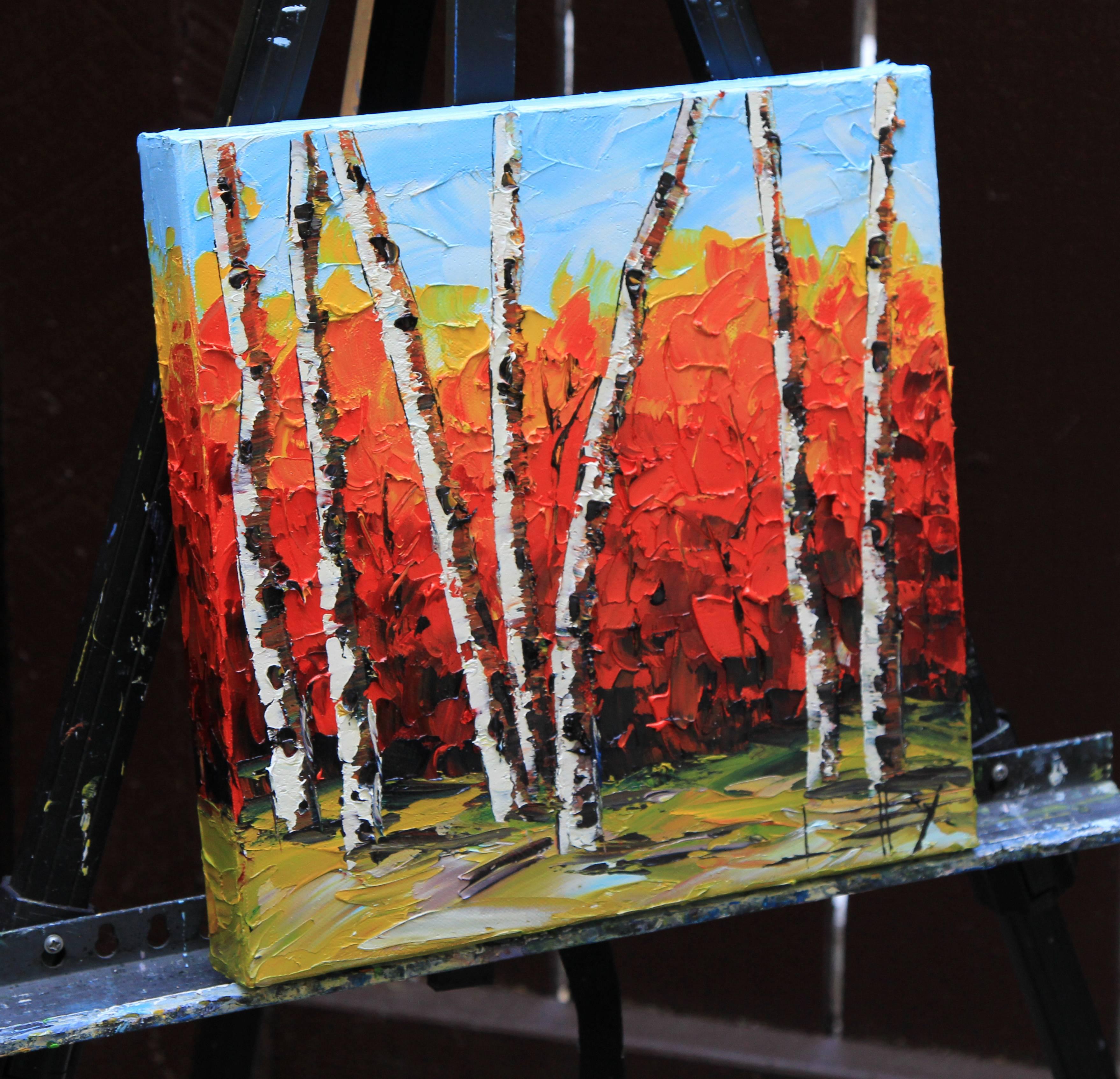 Eminence Lisa Elley Oil painting on stretched canvas
One-of-a-kind
Signed on front and back
2016
12 in. h x 12 in. w x .75 in. d
0 lbs. 8 oz. Artist Comments 
My favorite subject of birch trees is captured here with my favorite tools, palette