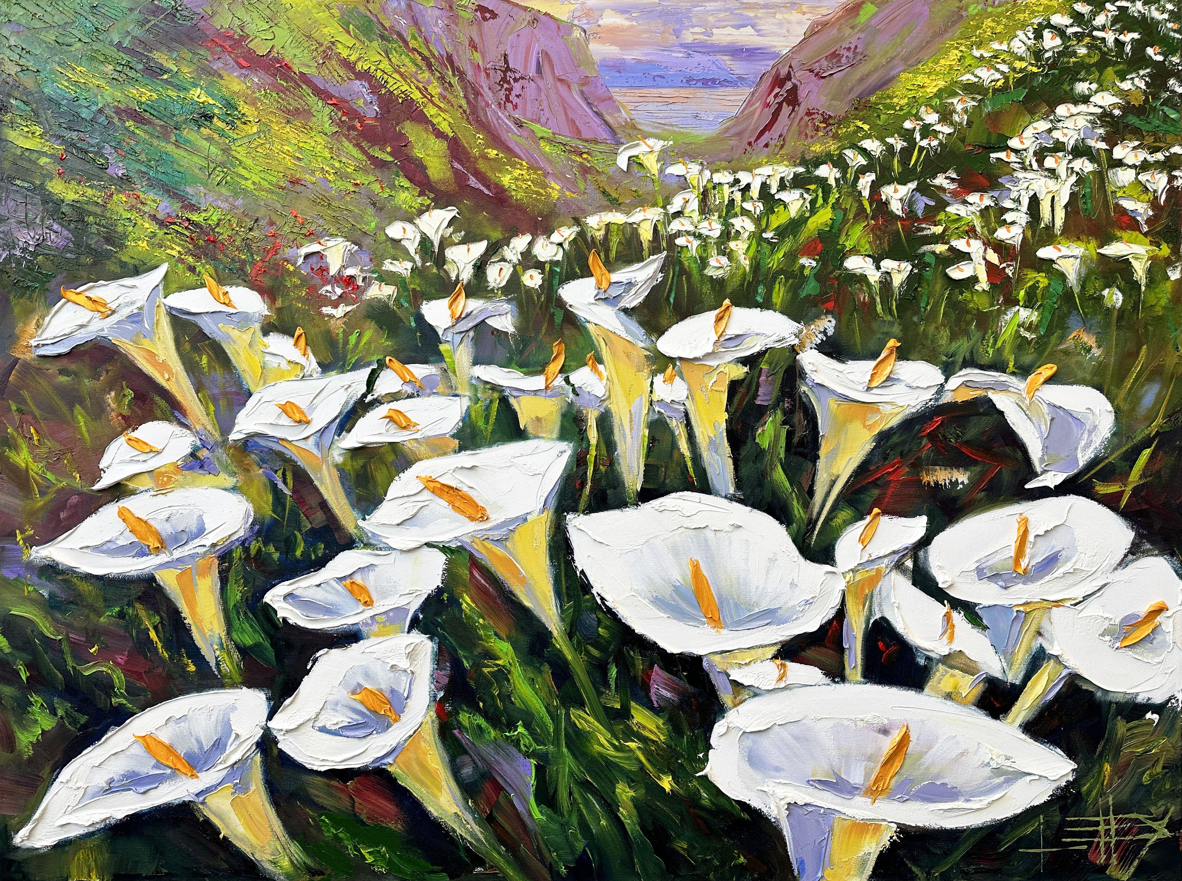 "Lily Serenade" finds its muse in the awe-inspiring Cala Lily Valley nestled within the breathtaking landscapes of Big Sur, California. Here, a valley adorned with vibrant lilies gracefully merges with the expansive Pacific Ocean. Lisa, deeply moved