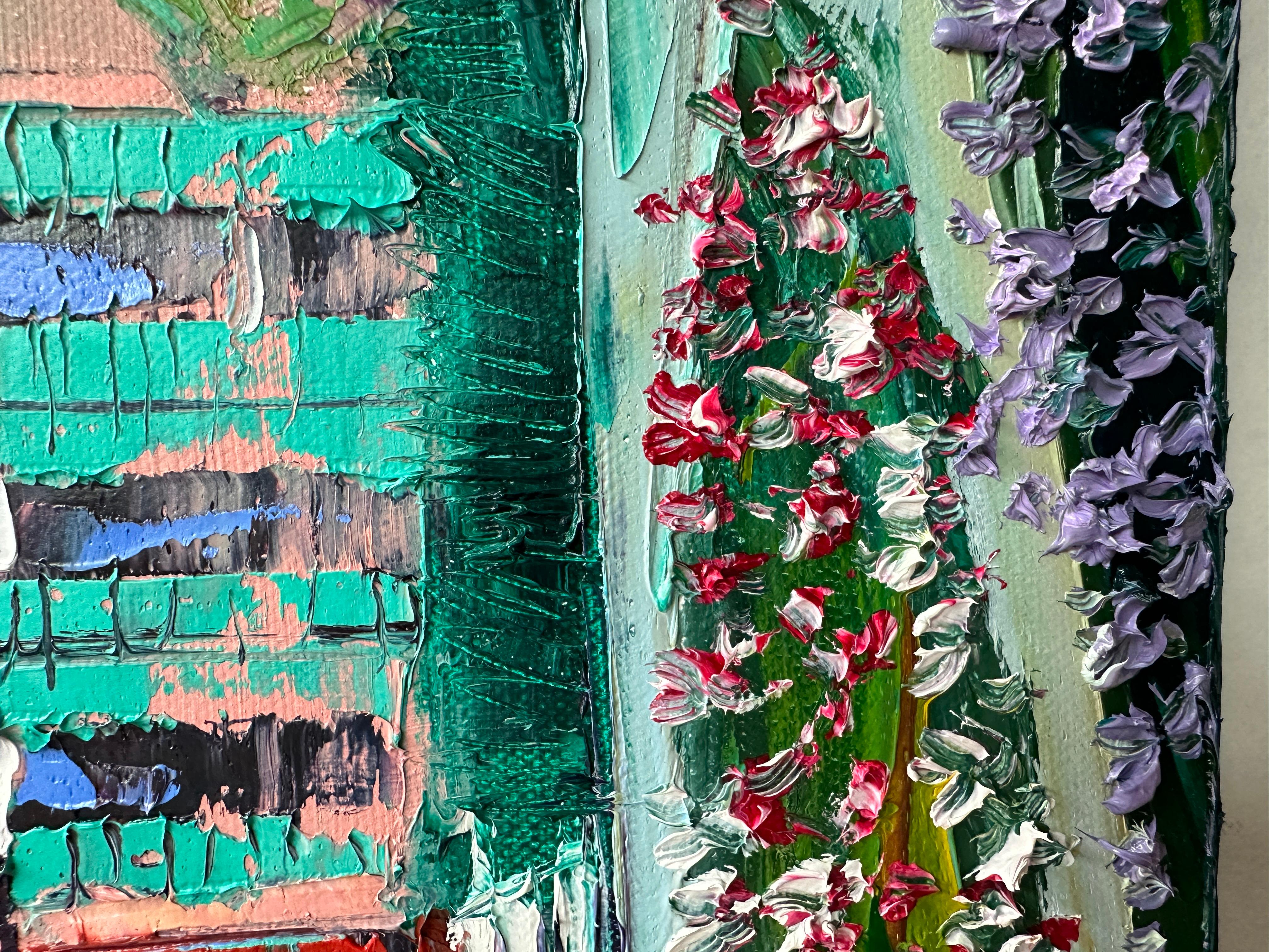 <p>Kommentare der KünstlerinIn ihrer impressionistischen Darstellung porträtiert die Künstlerin Lisa Elley Claude Monets berühmtes Wohnhaus in Giverny, Frankreich, mit einem Spachtel.<br> Das zweistöckige rosa Haus ist von einem blühenden Garten