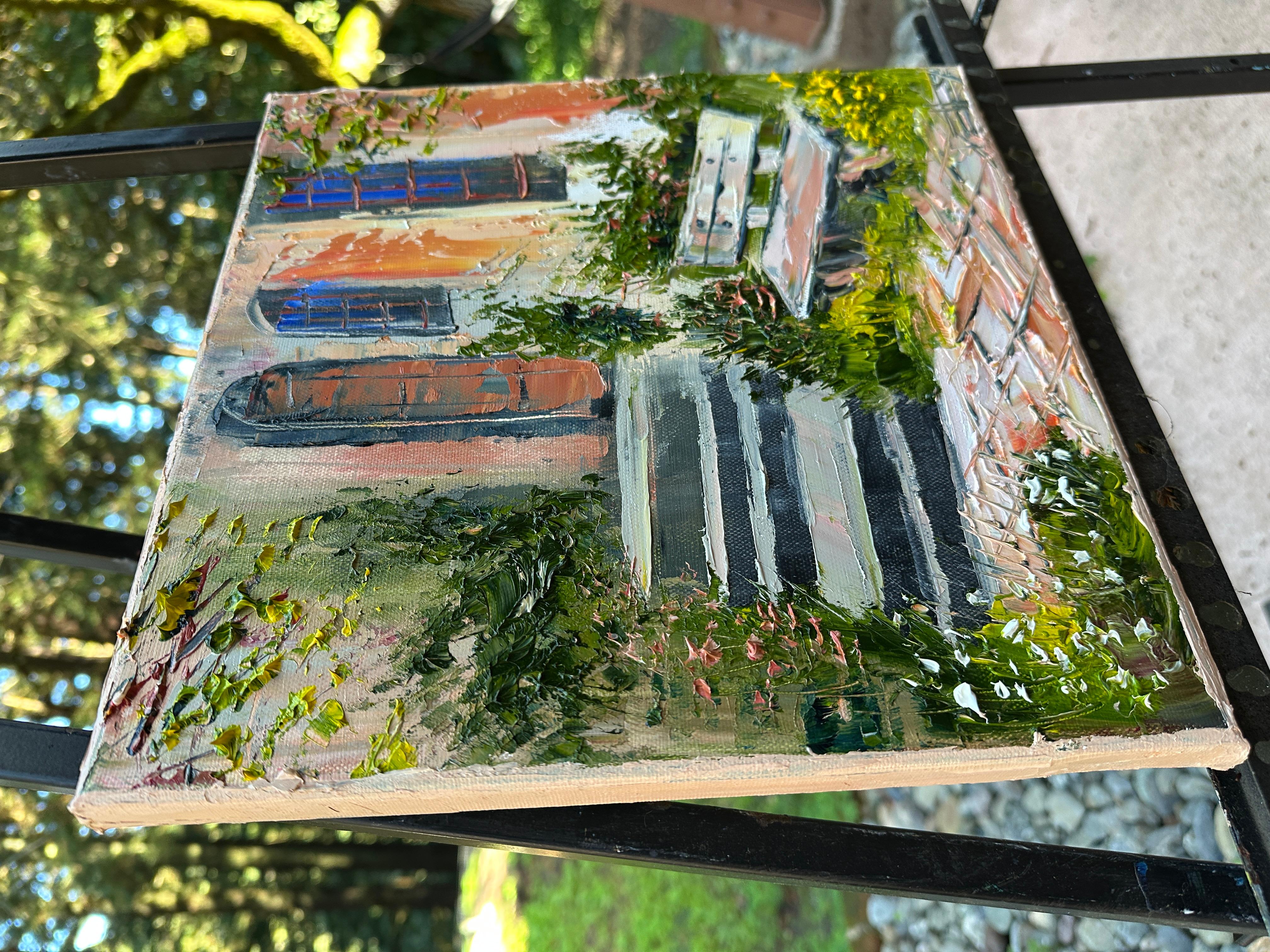 Le banc de jardin tranquille, peinture à l'huile - Painting de Lisa Elley