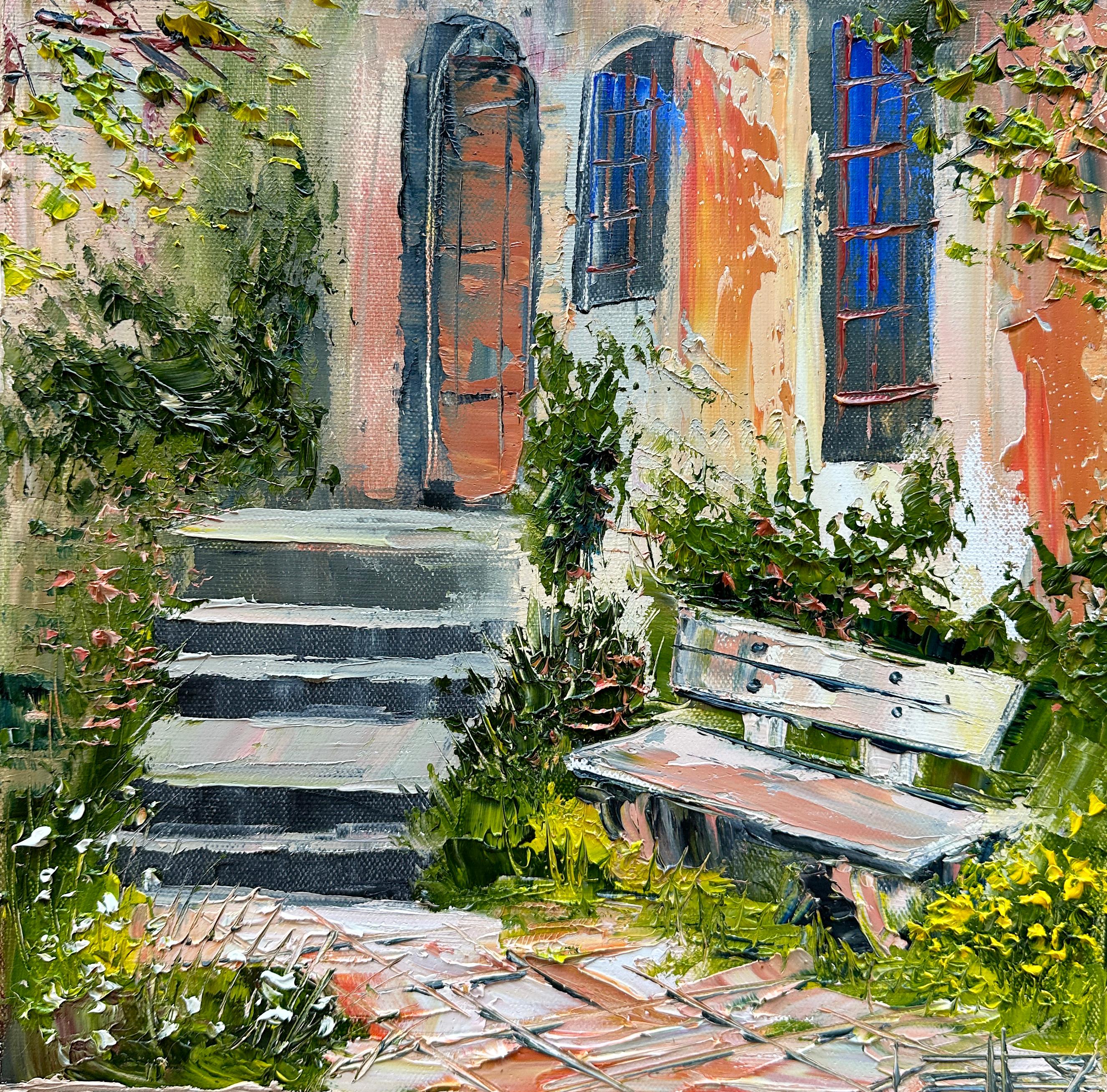 The Quiet Garden Bench, Oil Painting
