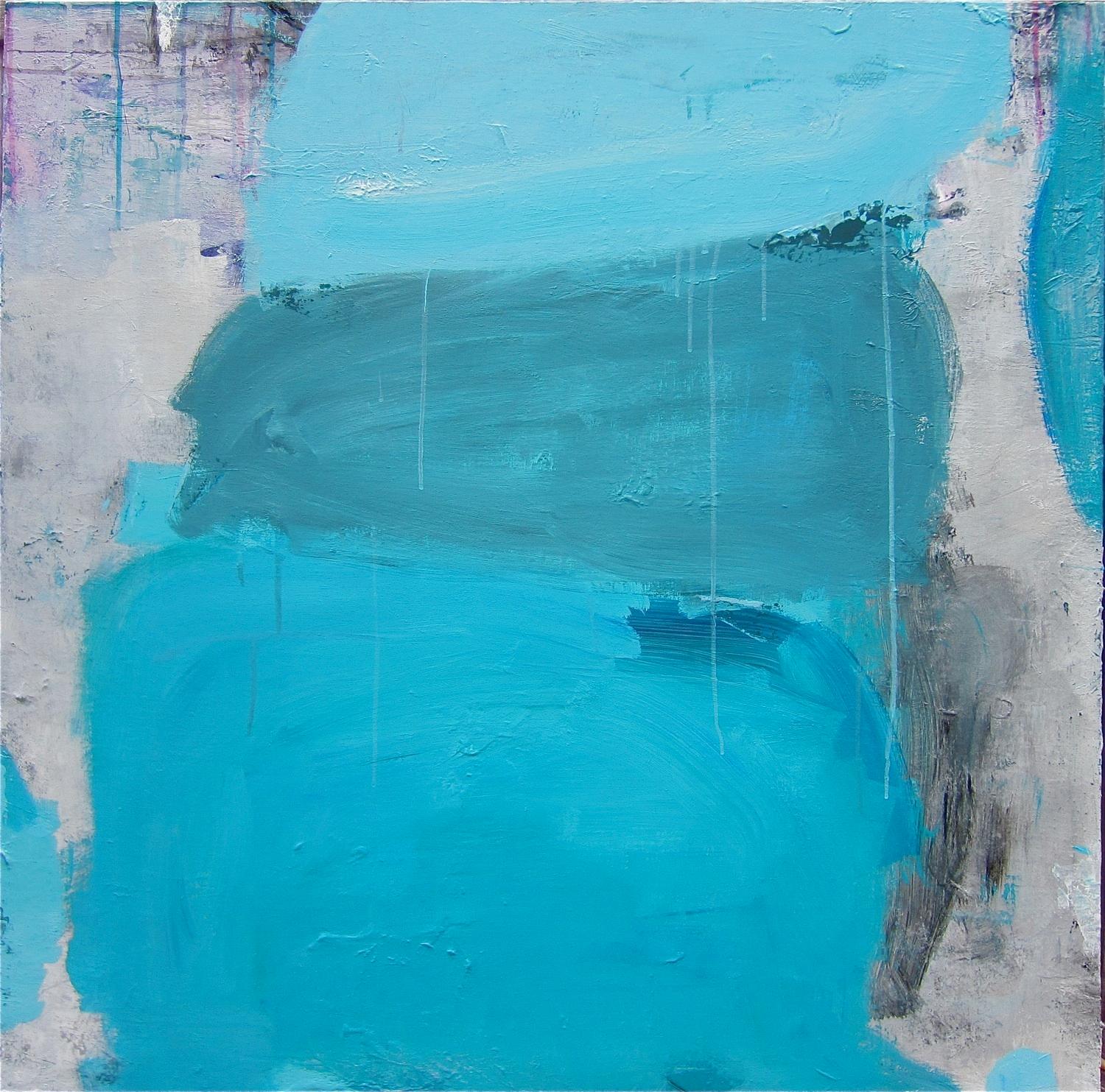 Lisa Fellerson Abstract Painting - Balancing Act, bright blue abstract painting on canvas, square