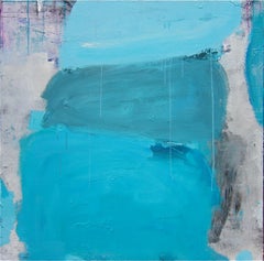 Balancing Act, bright blue abstract painting on canvas, square