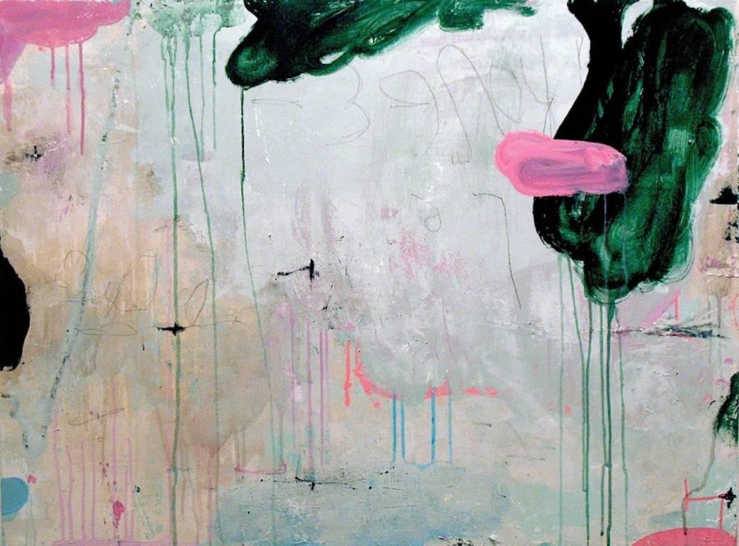 Lisa Fellerson Abstract Painting - Clouds Are Changing, abstract mixed media painting, pink, green and white